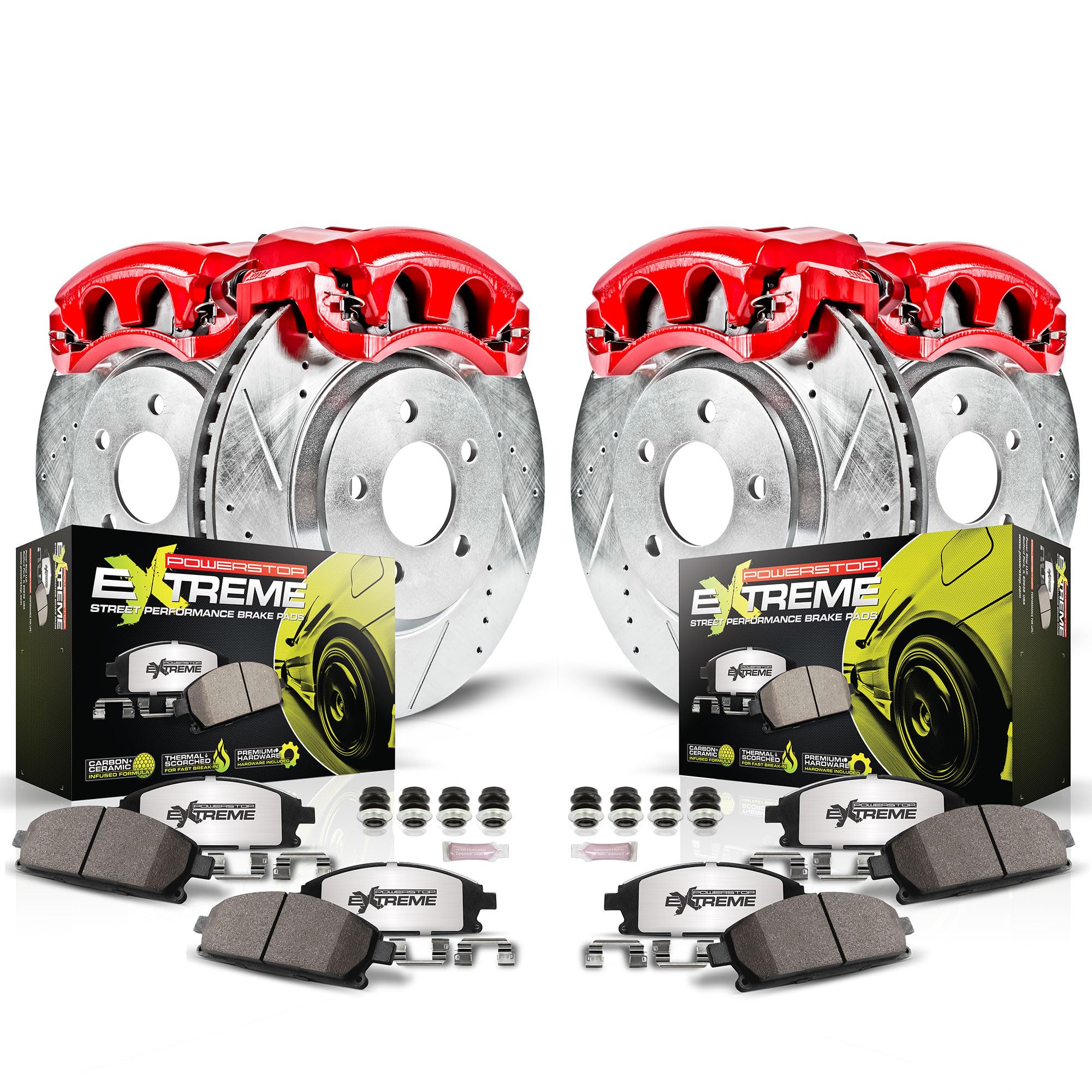 Power Stop KC2853-26 Z36 Truck & Tow Front and Rear Caliper Kit-Drilled/Slotted Brake Rotors, Carbon-Fiber Ceramic Brake Pads, Calipers