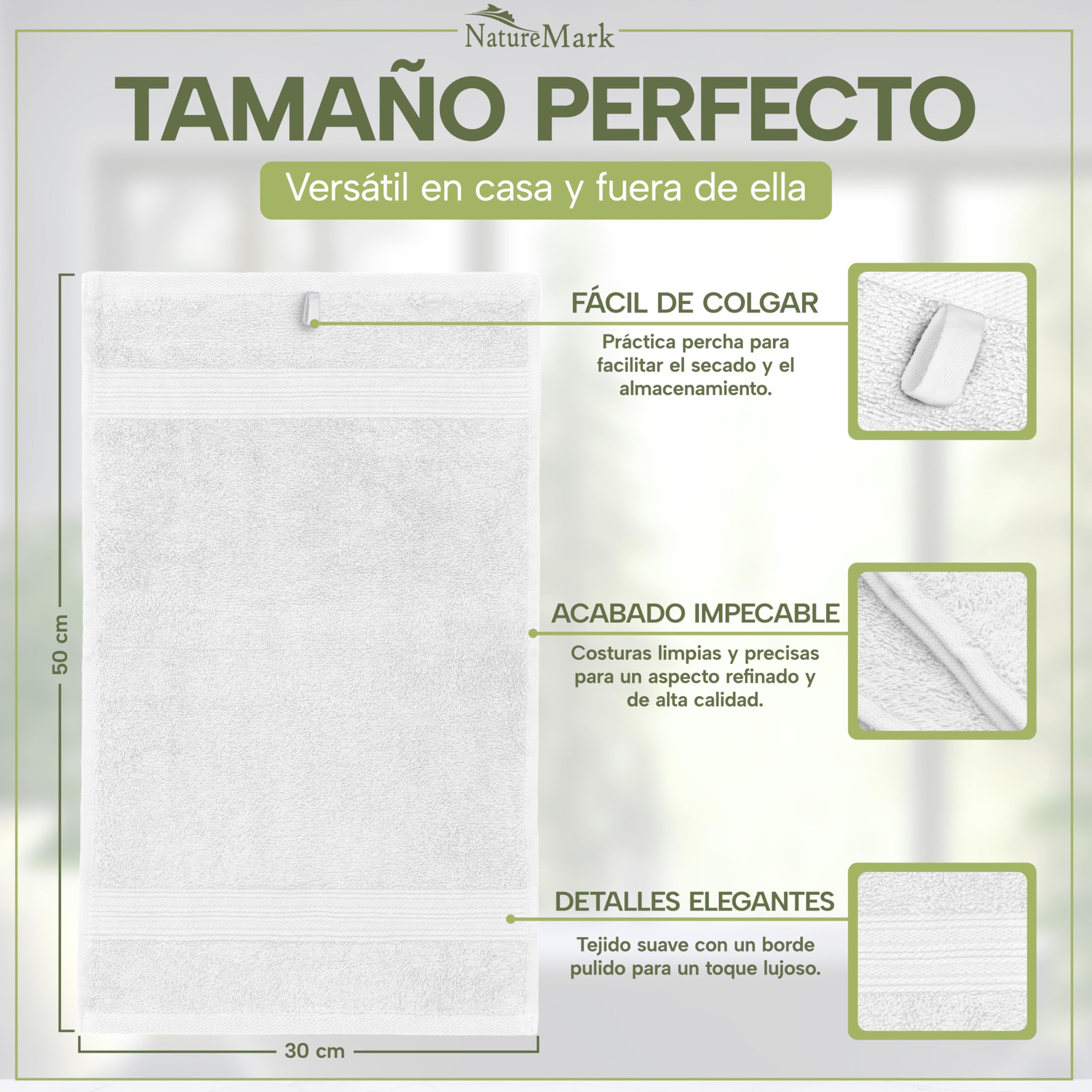 NatureMark Toallas de Invitado – Pack de 12 (30x50 cm), 100% Algodón, Certificación Oeko-Tex, Suaves, absorbentes y fáciles de cuidar – para baño, Invitados y SPA – Color Blanco