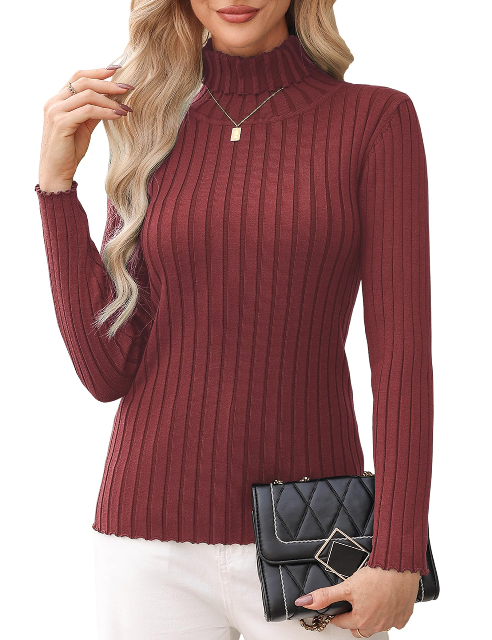 Aottori Jumpers for Women UK Turtle Neck Sweater Tops Ladies Long Sleeve Roll Neck Knitted Jumper Solid Winter Warm Pullover Tunic Wine Red L