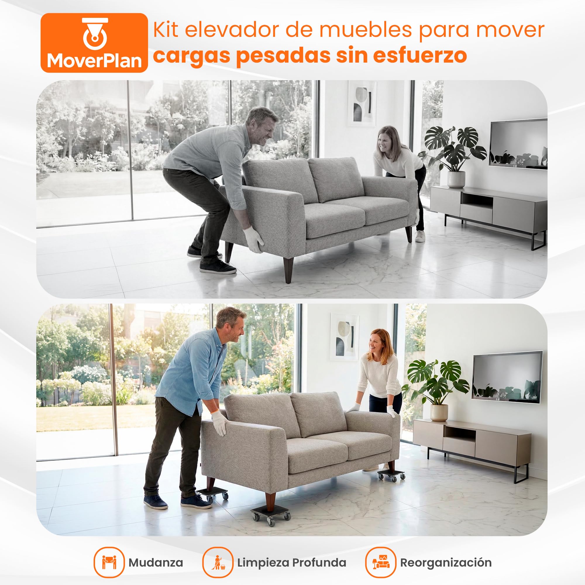 Ruedas para Mover Muebles Pesados 600kg - Elevador Muebles con 5 Ruedas 360°, Acero Reforzado, Correas de Amarre, Palanca Extensible, Kit Profesional 22 Piezas