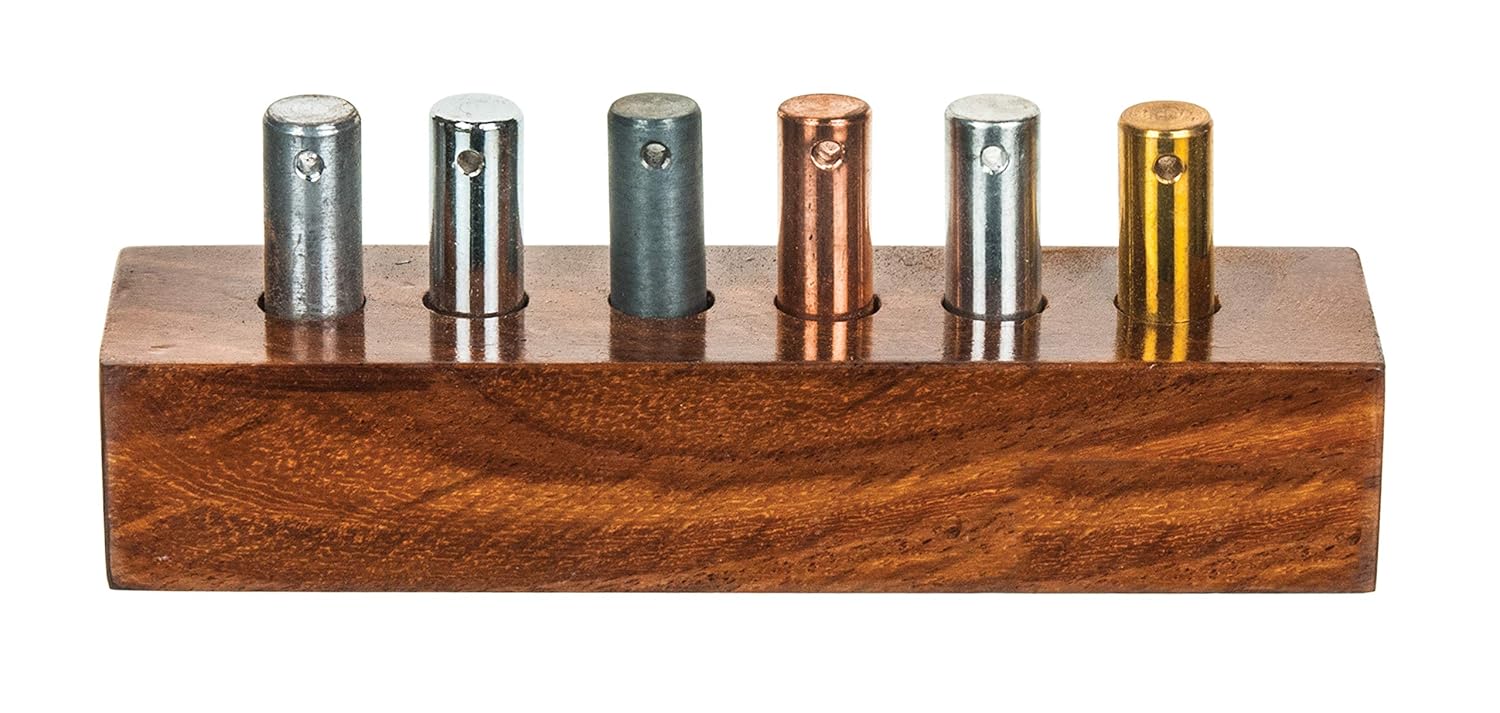 EISCO 6pc Specific Heat Metal Cylinders Set - Copper, Lead, Brass, Zinc, Iron & Aluminum - Includes Wooden Storage Block - for Specific Heat, Specific Gravity & Density Experimentation