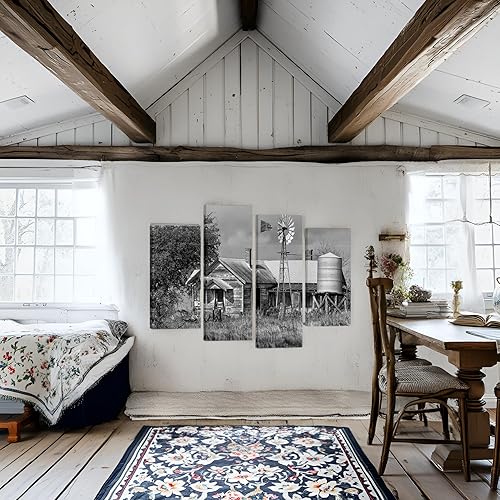 Miniatura 3 de Nachic Wall Lienzo de 4 piezas en blanco y negro de Texas, pintura de granja, campo, granero, molino de viento, paisaje, póster para el hogar, sala