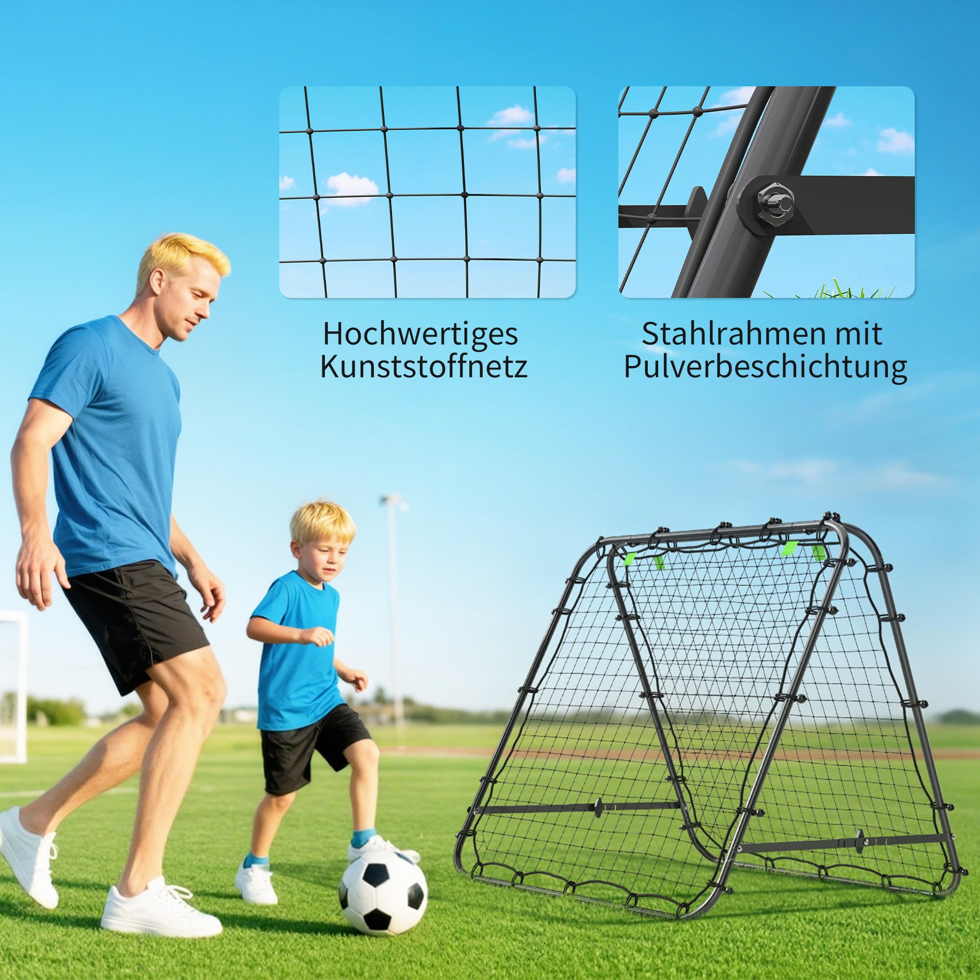 HOMCOM Doppelseitige Rebounder für Fußball, verstellbar Prellwand mit 5 Winkelpositionen Rückprallwand Netz, 100 x 68-95cm Kickback Tor für Jugendliche, Rückprallwand für Handball Training