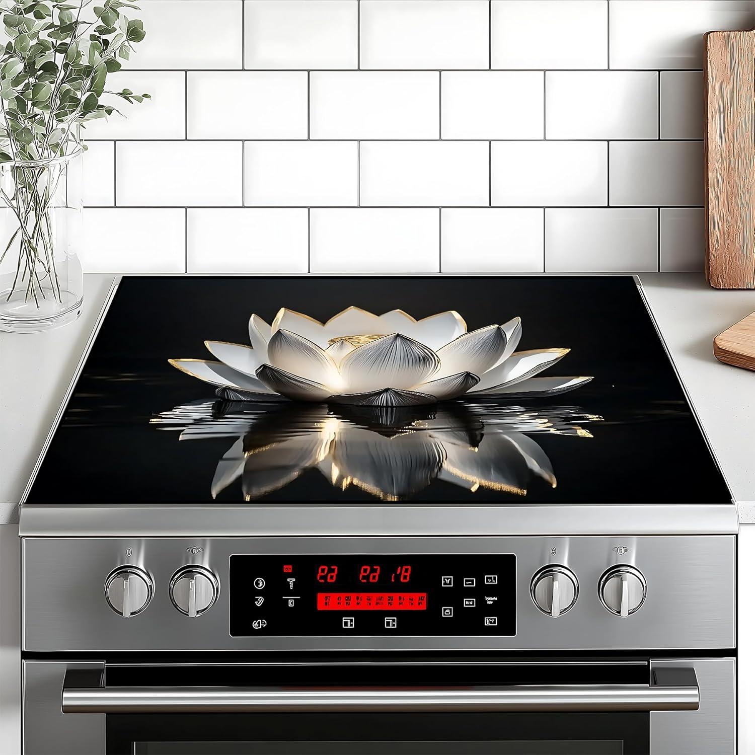 Stove Top Cover Flower Gas Stove Top Cover for Home Decoration Kitchen Pad Non-Stick Washable Cooktop Covers Countertop Protector Keep Stove Clean (White lotus, 28L"x20W")