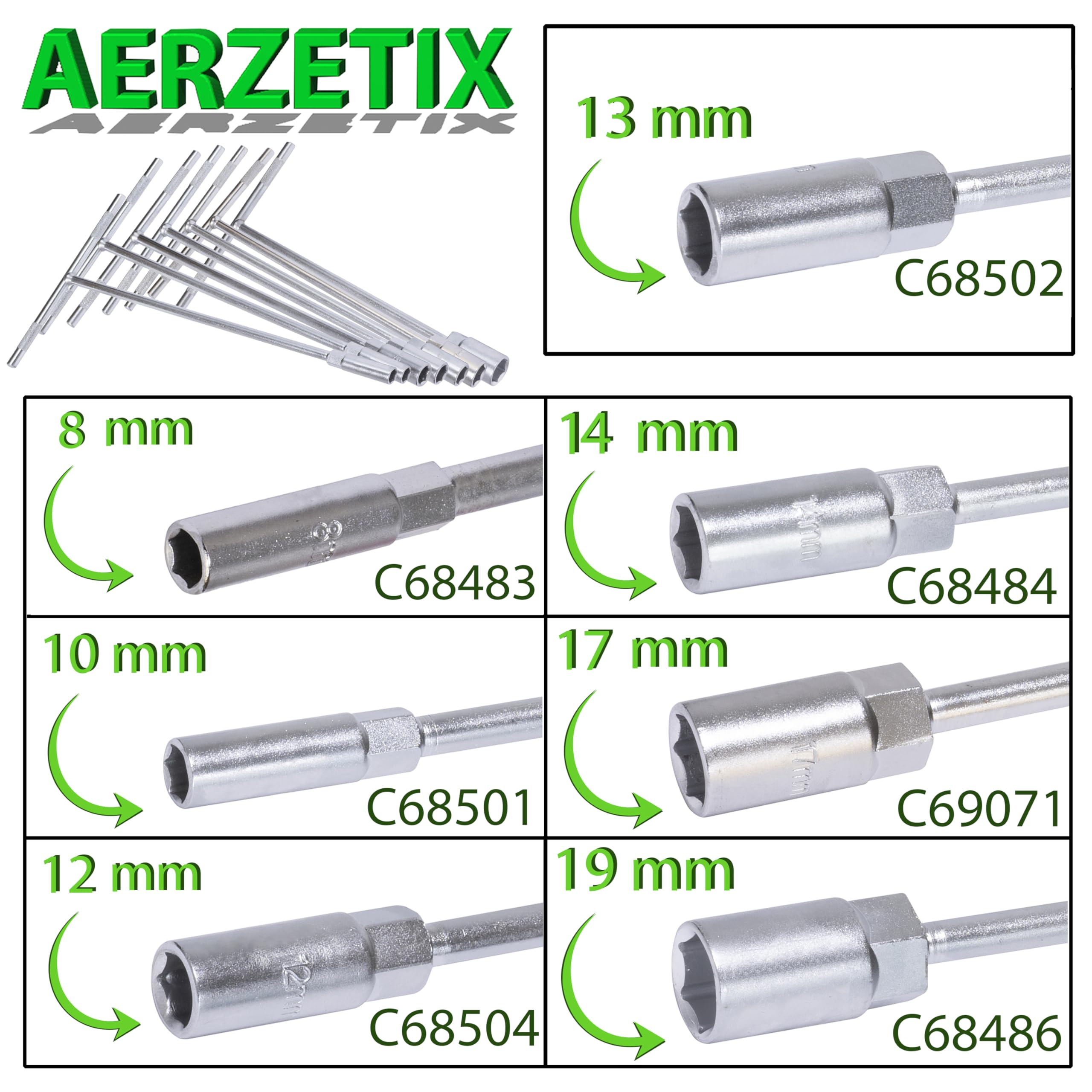 Aerzetix - C68502 - Chiave a bussola a forma di T 13 x 300mm con impronta esagonale a 6 lati - maniglia in T - meccanica automobile bicicletta - in acciaio Cr-V