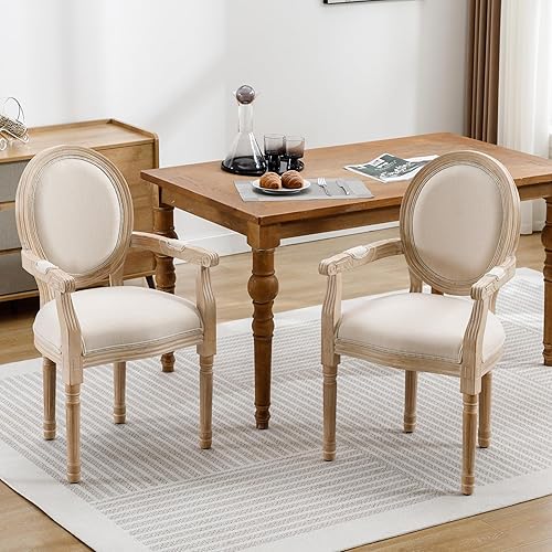 SSLine Juego de 2 sillas de comedor francesas con reposabrazos, sillas de cocina de madera maciza con respaldo redondo francés retro, sillas