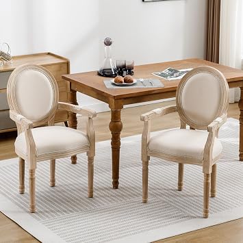 SSLine Set of 2 French Dining Chairs with Armrest,Solid Wood Farmhouse Kitchen Chairs with Retro French Round Back,Upholstered Linen Chairs for Dining Room/Living Room/Bedroom