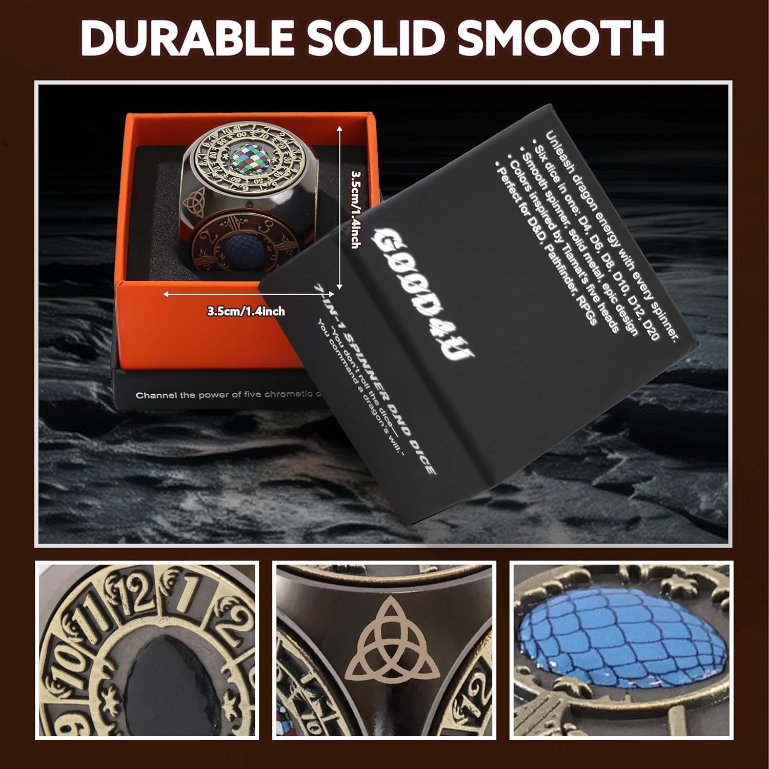 Metal DND Spinner Dice, 7 in 1 D&D Dice Spinner with Unique Dragons Egg Relief for Dungeons and Dragons Gifts, Fantasy D&D Tabletop RPG Accessories for DM & Player (Black Copper)