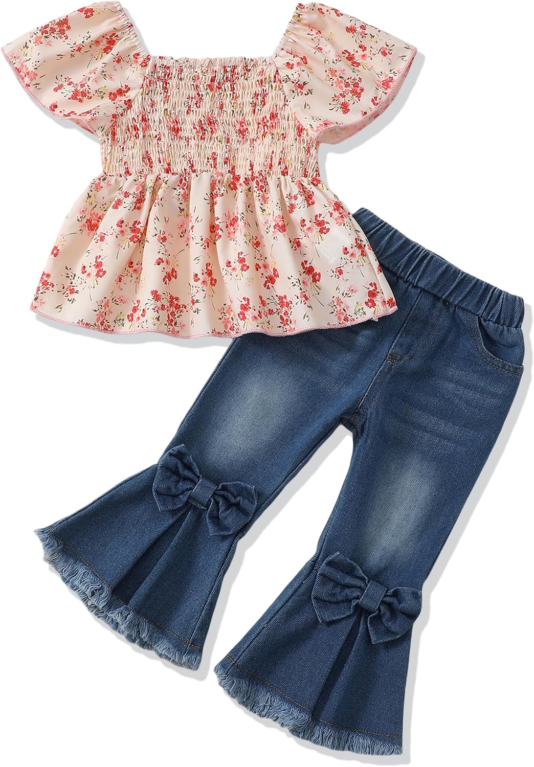SODLON Baby Girl Clothes Toddler Girl Outfits Kids Puff Sleeve Shirt Top Flare Denim Pants Jeans Clothing for Little Girls