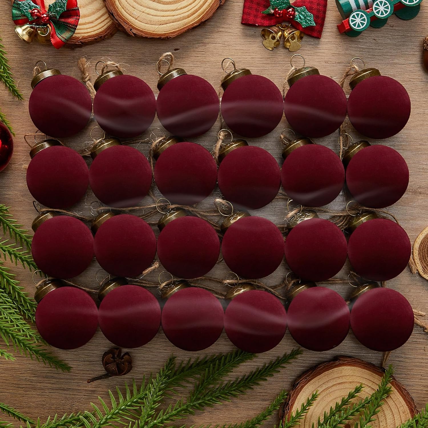 24PCS Light Scented Velvet Christmas Balls Ornament Shatterproof Velvet Xmas Tree Baubles Hanging Pendant for Winter Party Holiday Home Gift Office Yard Decor(Burgundy,1.49'')