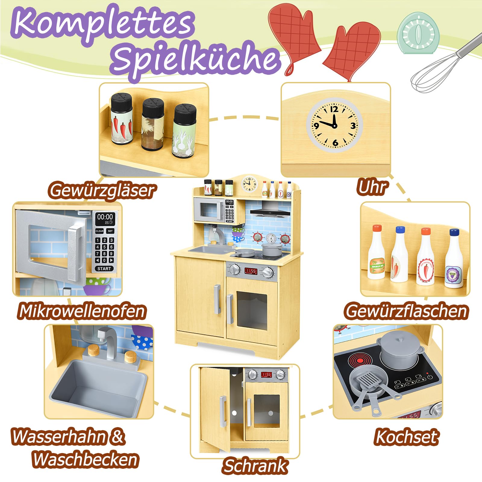 YRHome Drewniana kuchnia do zabawy, akcesoria kuchenne dla dzieci, kuchnia drewniana, kuchnia dla lalek, kuchnia zabawkowa, zabawka edukacyjna, prezent dla dzieci od 3 lat, 56 x 28,5 x 92 cm