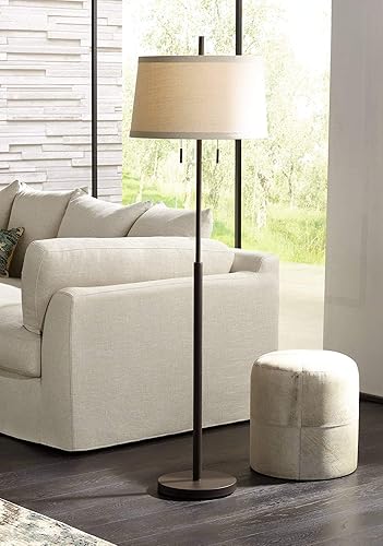 Possini Euro Design Nayla - Lámpara de pie moderna de 62.5 pulgadas de alto, columna delgada de acero de bronce, tela blanca hueso, pantalla cónica,