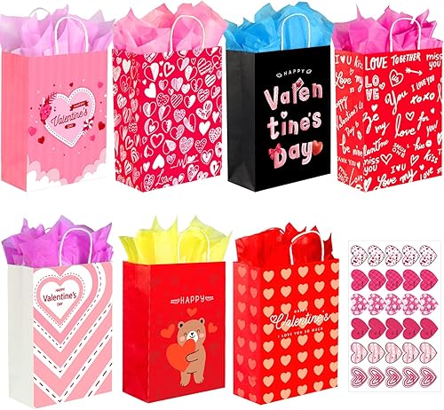 GITMIWS Bolsas de regalo de papel para el día de San Valentín 28 bolsas de San Valentín con palos resistentes bolsas de papel kraft con asa para