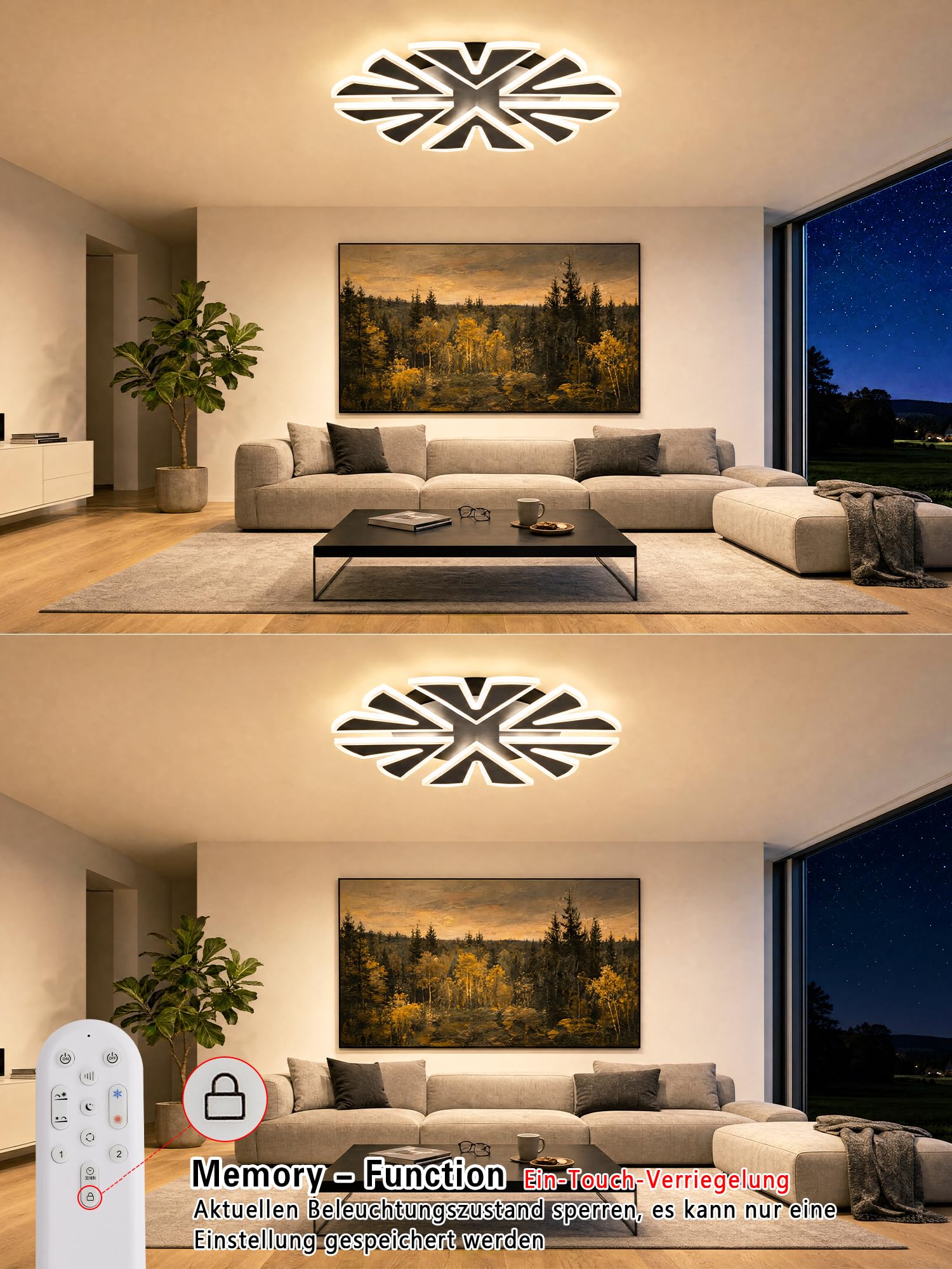 LED Deckenlampe Dimmbar schwarz Schneeflocken 50cm 5600lm 56 W | Fernbedienung/Mobile APP, Farbtemperatur 3000-6000K, Helligkeit 5-56W, 5W Nachtlicht, Memory-Funktion, Timer-Funktion