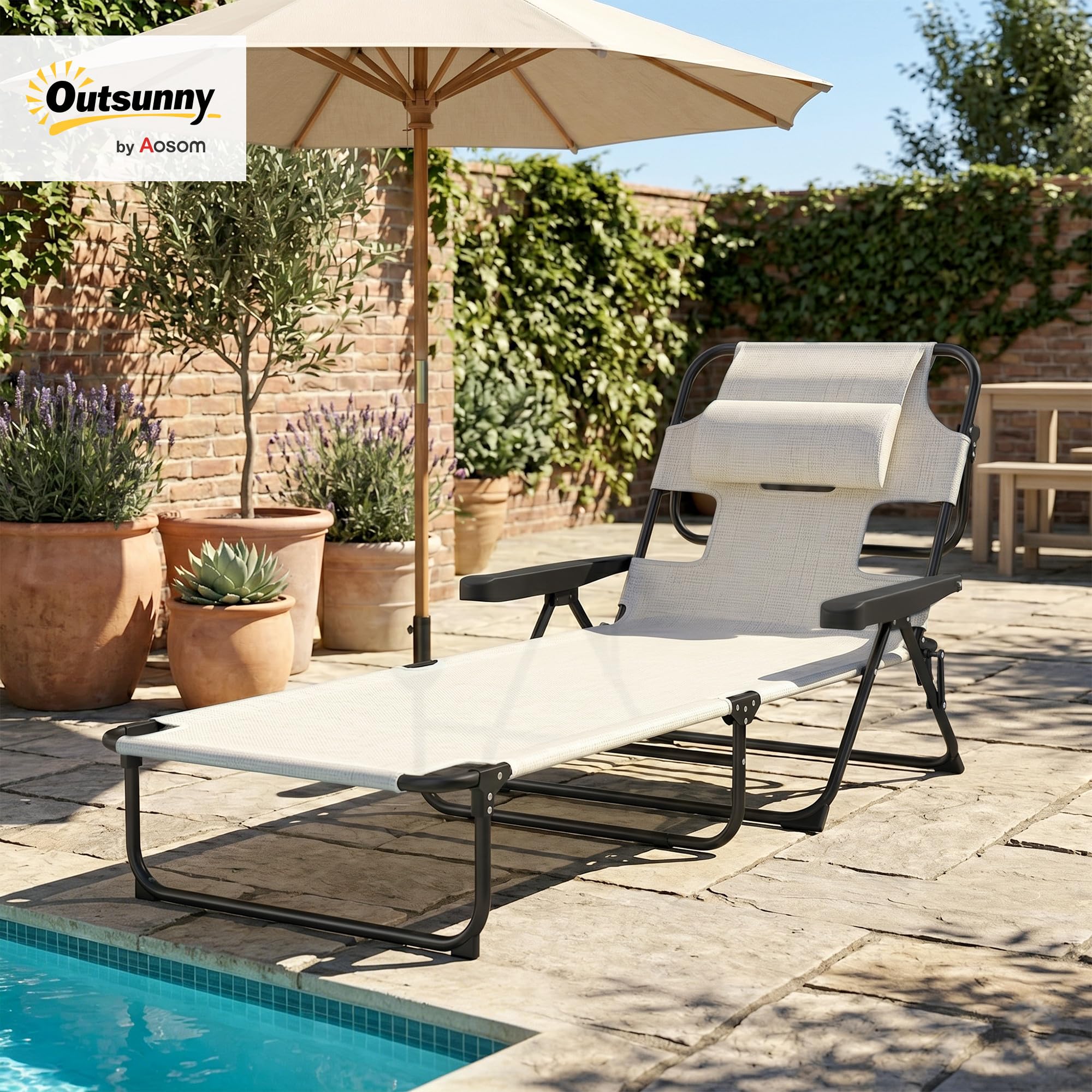 Outsunny Tumbona Plegable, Tumbona Jardín Exterior con Respaldo Ajustable en 4 Posiciones, Orificio de Lectura, Reposacabezas y Brazos, Carga 120 kg, para Terraza, Piscina, 145x72x89 cm, Crema