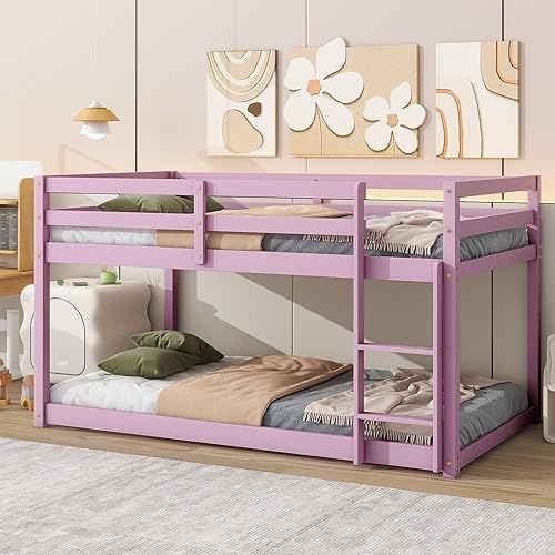 Miniatura 145 de Litera baja individual sobre individual, base de cama de madera maciza con escalera y barandillas de seguridad, literas individuales para niños y