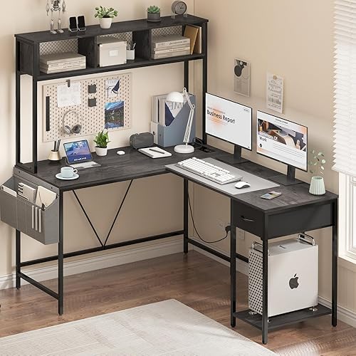 Miniatura 7 de Yoobure Escritorio en forma de L para juegos con tira LED y toma de corriente, escritorio reversible en forma de L con estante de almacenamiento y