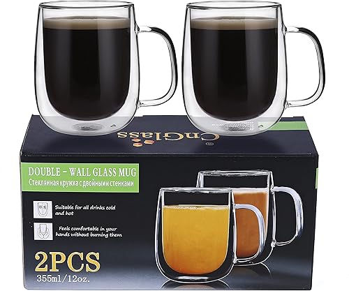 Miniatura 7 de CNGLASS Tazas de café de vidrio de 12 onzas, juego de tazas aisladas de doble pared con asa, tazas de café de vidrio transparente para café con