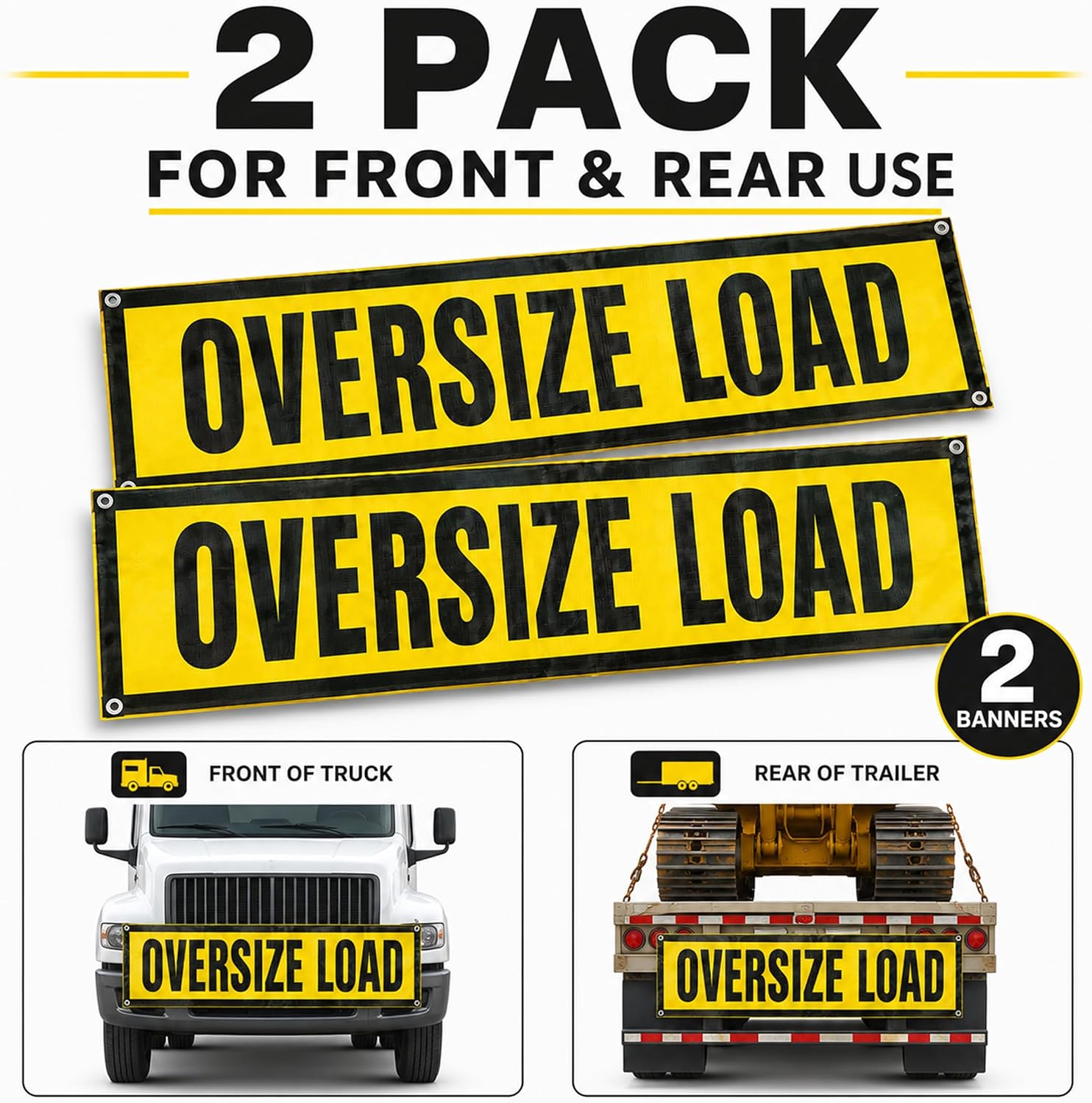 Oversize Load Signs for Trucks 18x84 Inch 2 Pack, Wide Load Warning Banners with Heavy Duty Grommets, Durable Nylon Mesh for Semi Trailers Flatbeds Pilot Cars DOT Compliant