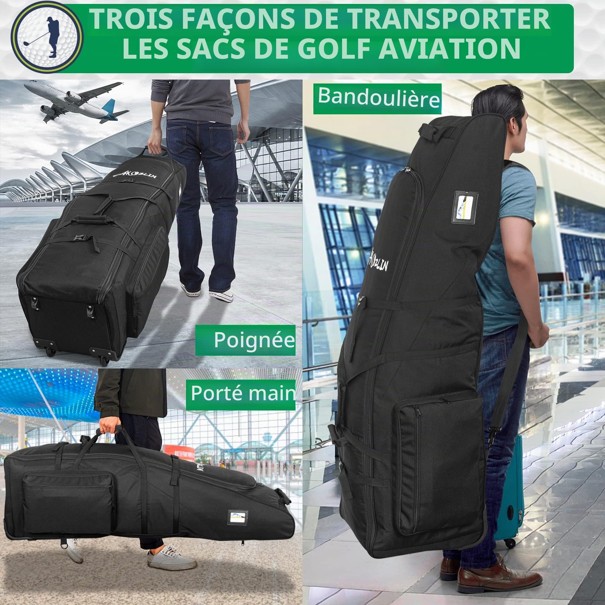 Sac de voyage pour golf avec roues, sac de clubs de golf à grande capacité, chariot de golf avec roues renforcées, sac de golf en tissu Oxford 900D imperméable pour les voyages en avion