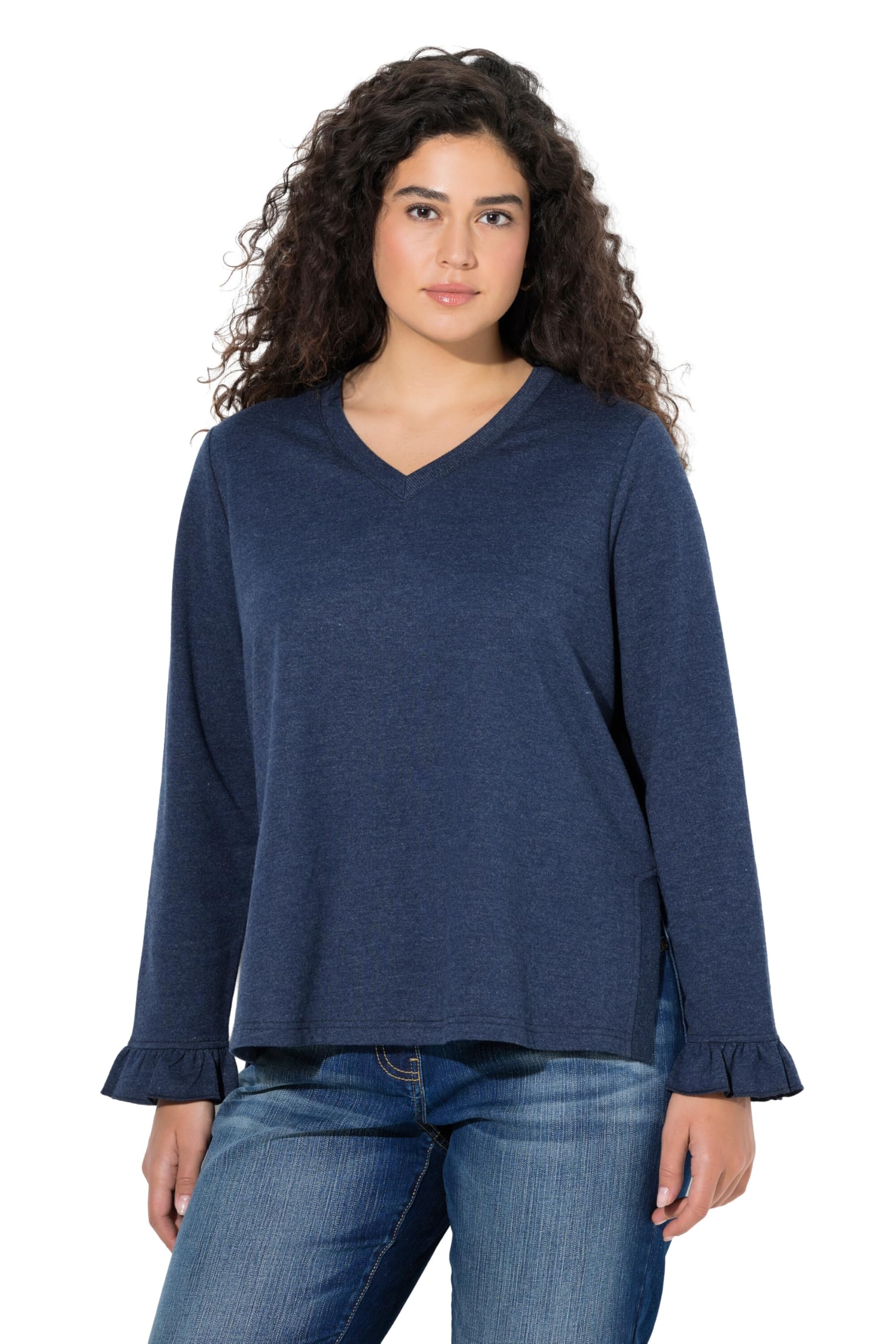 Ulla Popken Damen große Größen Übergrößen Plus Size Sweatshirt, Lange Seitenschlitze, V-Ausschnitt, Langarm 844264