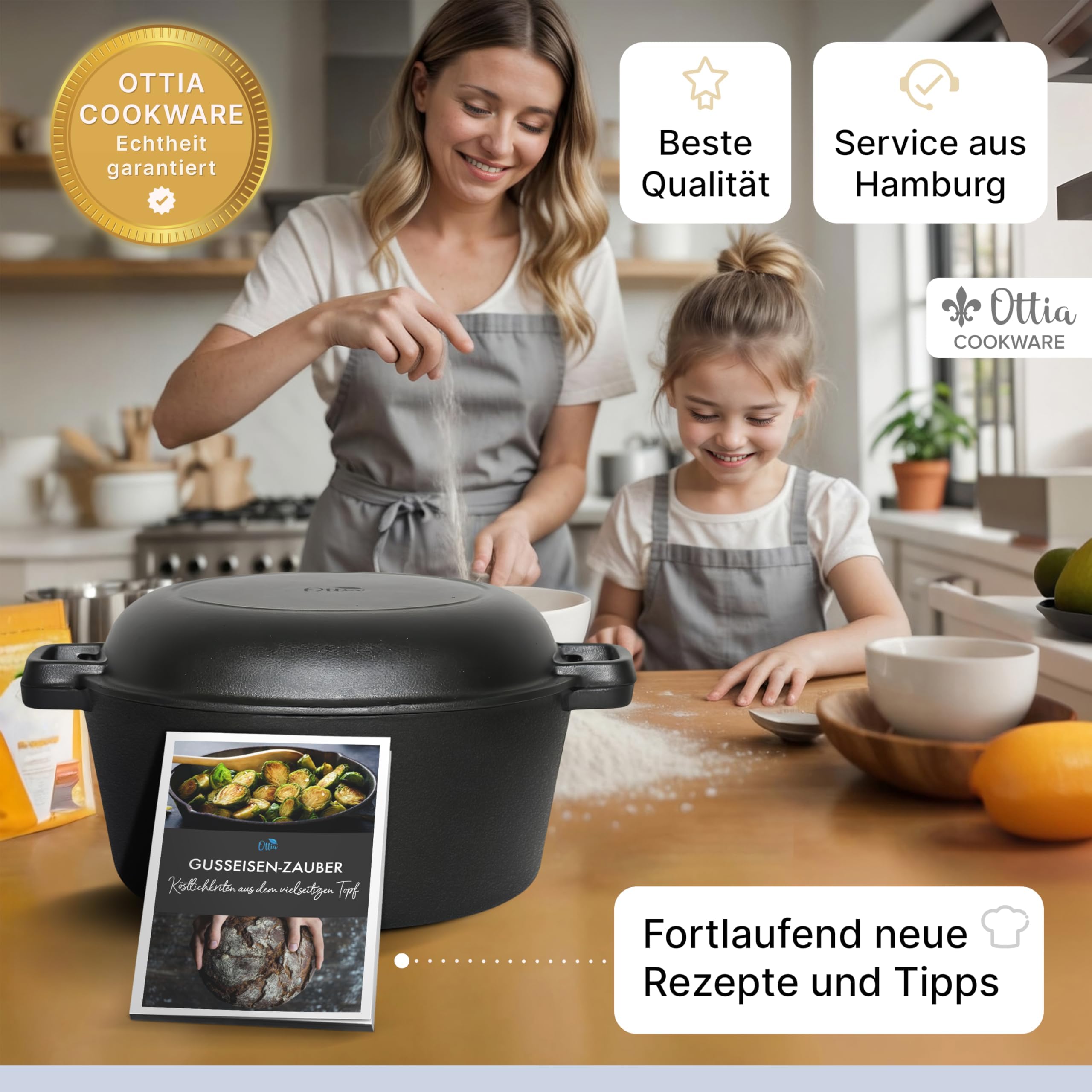 Ottia reiner Gusseisen Topf, 26cm, als Brotbackform, Brotbacktopf, Dutch Oven, Brotbackform, Schmortopf, Bräter, Bratentopf, zum Brot backen, Cast Iron pot, Cocotte, aus dem Fachhandel, aus Hamburg