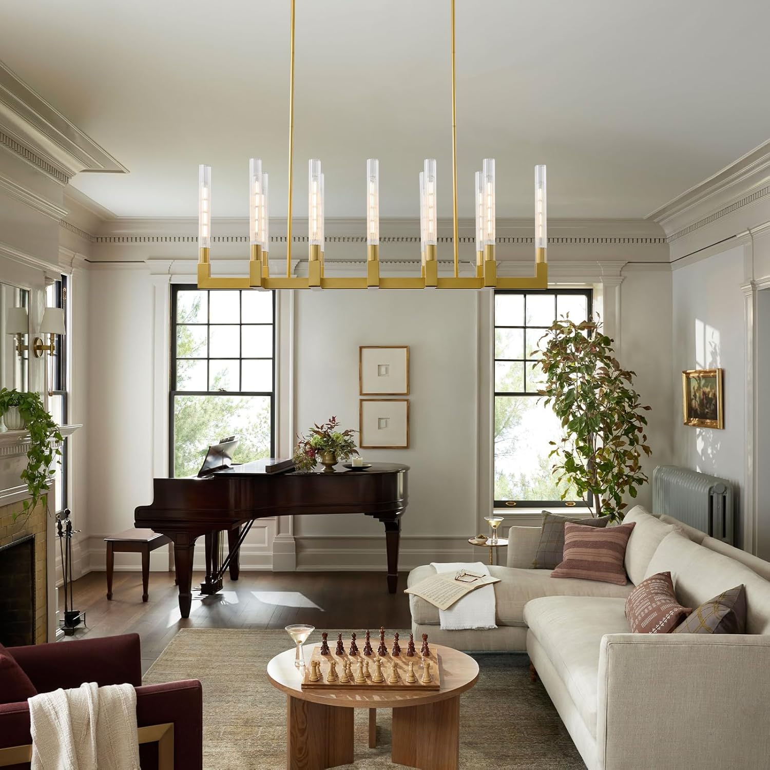 Gold Farmhouse Dining Room Chandelier: 54" Modern Linear Rectangle Dining Room Light Fixture - Long Glass Metal Pendant Chandeliers for Kitchen Island - Large Lighting over Kitchen Table Living Rooms