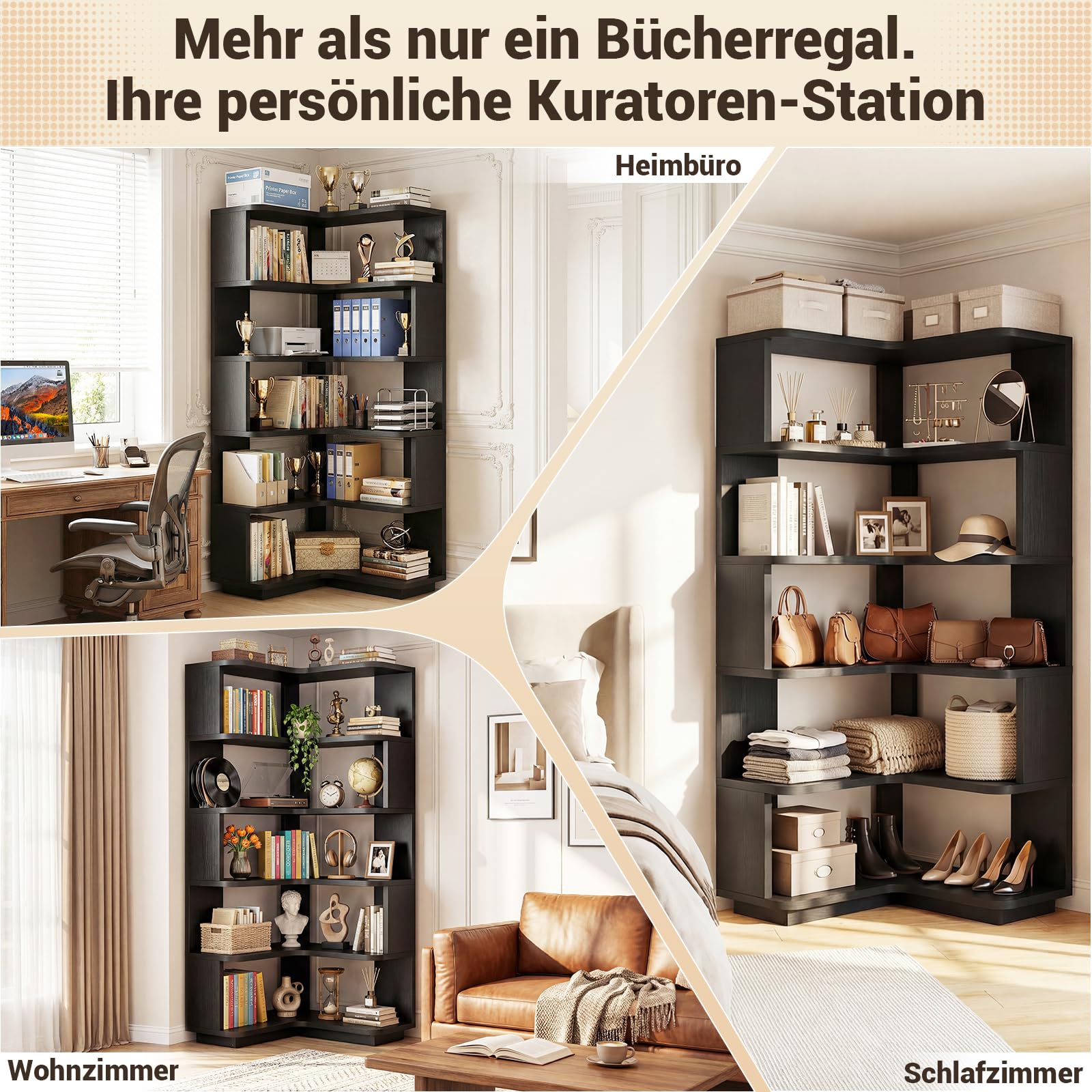 iSunirm Eckregal mit 5 Ebenen, L-Form Bücherregal für Ecken, Modernes Standregal Aktenregal für Wohnzimmer, Schlafzimmer & Büro, Holzregal Platzsparend, 60x60x162 cm, Schwarz