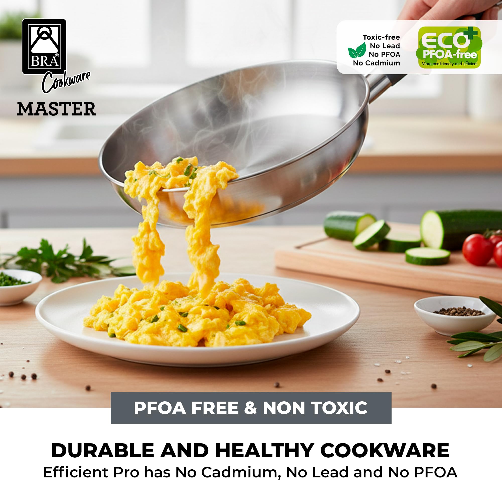 BRA Master | Set di padelle in Acciaio Inox 20-24-28 cm | Senza rivestimento antiaderente, Senza PFOA, Full Induction, adatte a tutti i piani cottura, manico rivestito in silicone