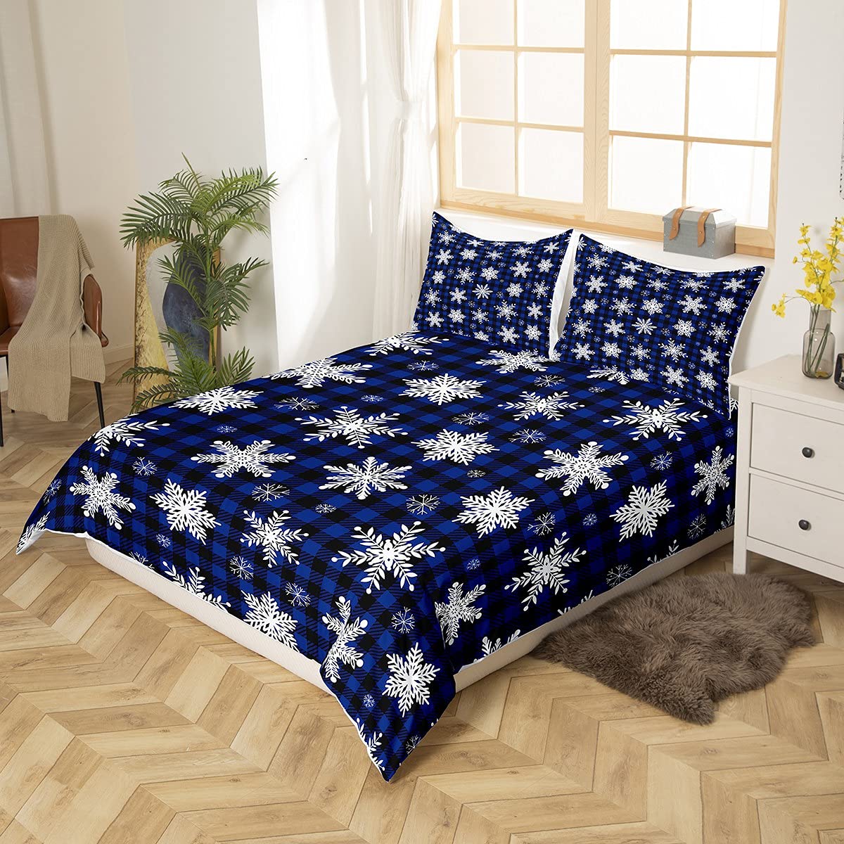 Set Copripiumino E Federa Richhome Con Motivo Albero Di Natale E Fiocchi Di Neve – 3 Pezzi In Microfibra, Senza Glitter, Blu Fluorescente