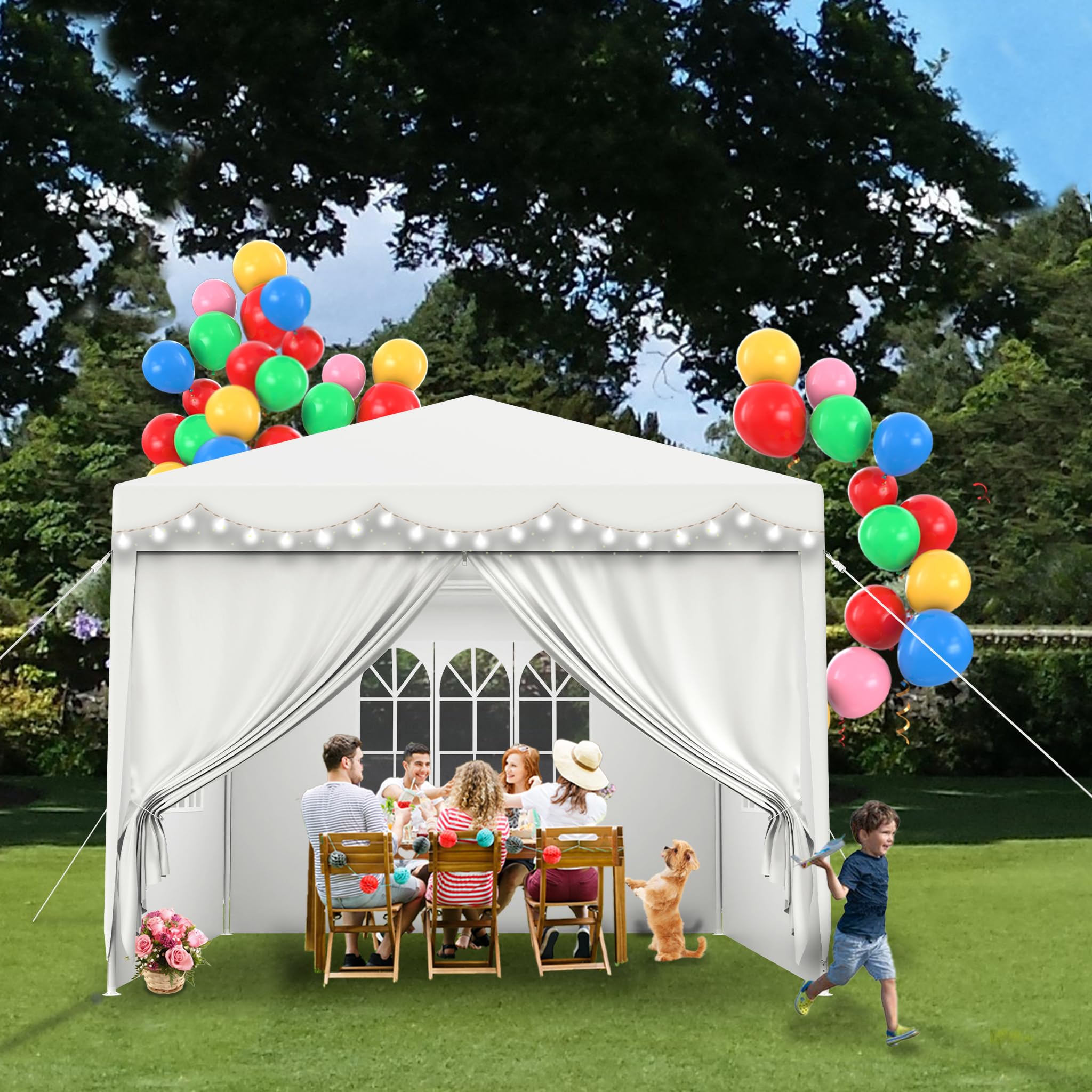 FIVMEN Carpa 3x3m Carpa para Fiestas con Paneles Laterales y Ventanas Pabellón de Jardín Cenador de Poliéster Protección UV Impermeable Gazebo Exterior, Blanco