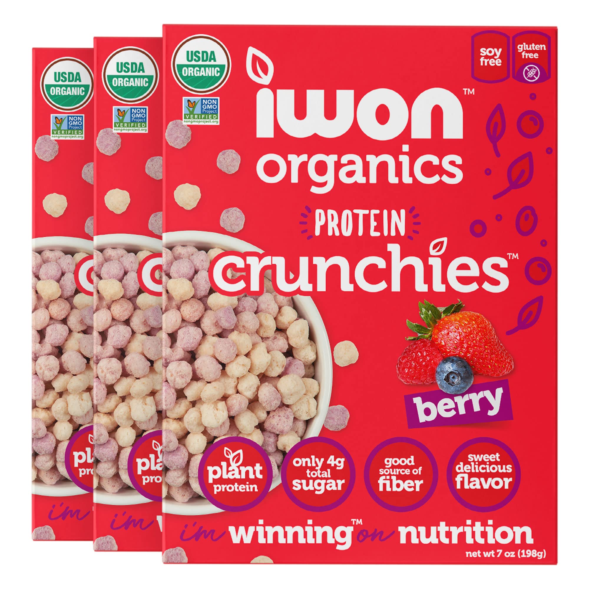 IWON Organics Protein Crunchies - Plant-based Protein, Low Sugar, Gluten & Dairy Free, Non-GMO, Organic Breakfast Cereal - Berry Flavor - 7oz (Pack of 3)