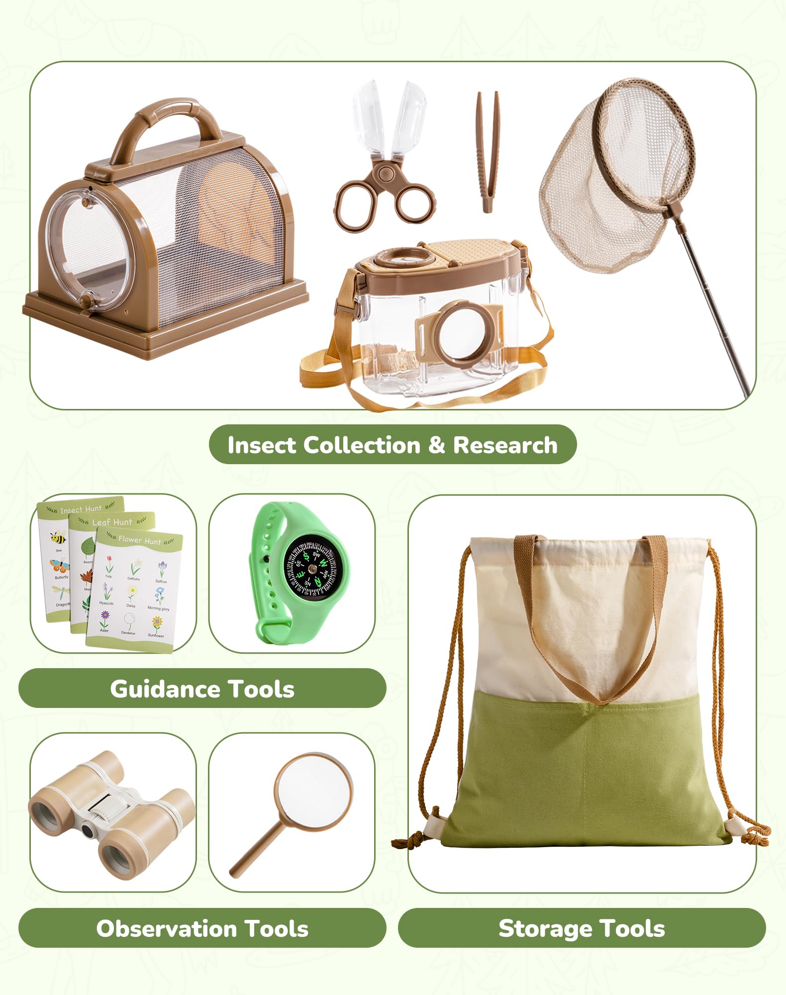 ROBOTIME Explorer Kit & Bug Catcher Kit, Set avventura all'aperto 12 in 1, collezione di insetti con binocolo per bambini, rete a farfalla, scatola per insetti, lente d'ingrandimento e orologio