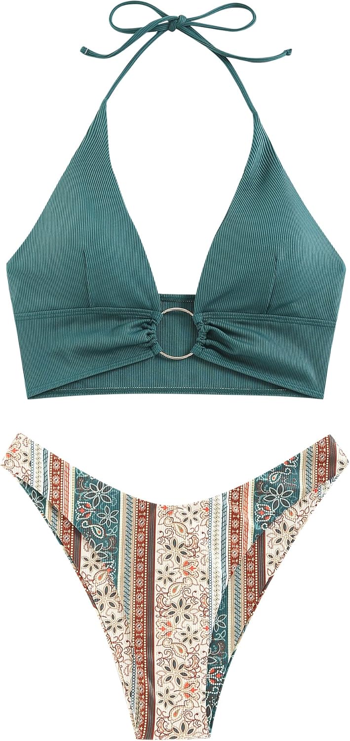 ZAFUL O Ring Halter Bikini Sets for Women High Cut Swimsuits Trendy 2 Piece Bathing Suits