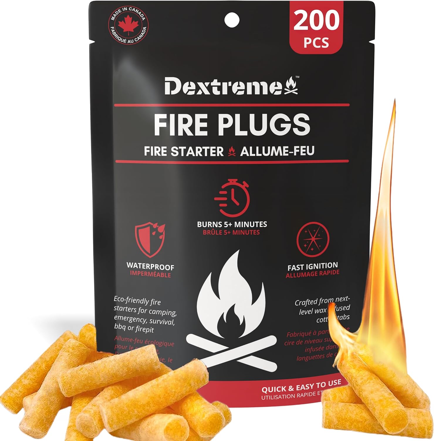 Dextreme Fire Plugs Waterproof Fire Starter for Campfires, Emergencies, Survival, Fire Pits, Grills | 5+ Minute Burn | All Natural | Made in North America