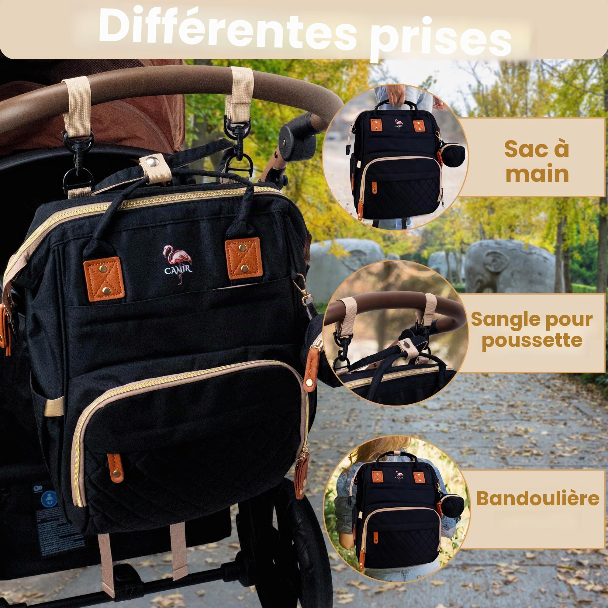 Camir - Sac à langer portable avec crochets pour poussette pour bébé, sac à langer pour bébé, sac à couches maternité pour maman, portable avec crochets pour poussette, sac à langer hôpital.