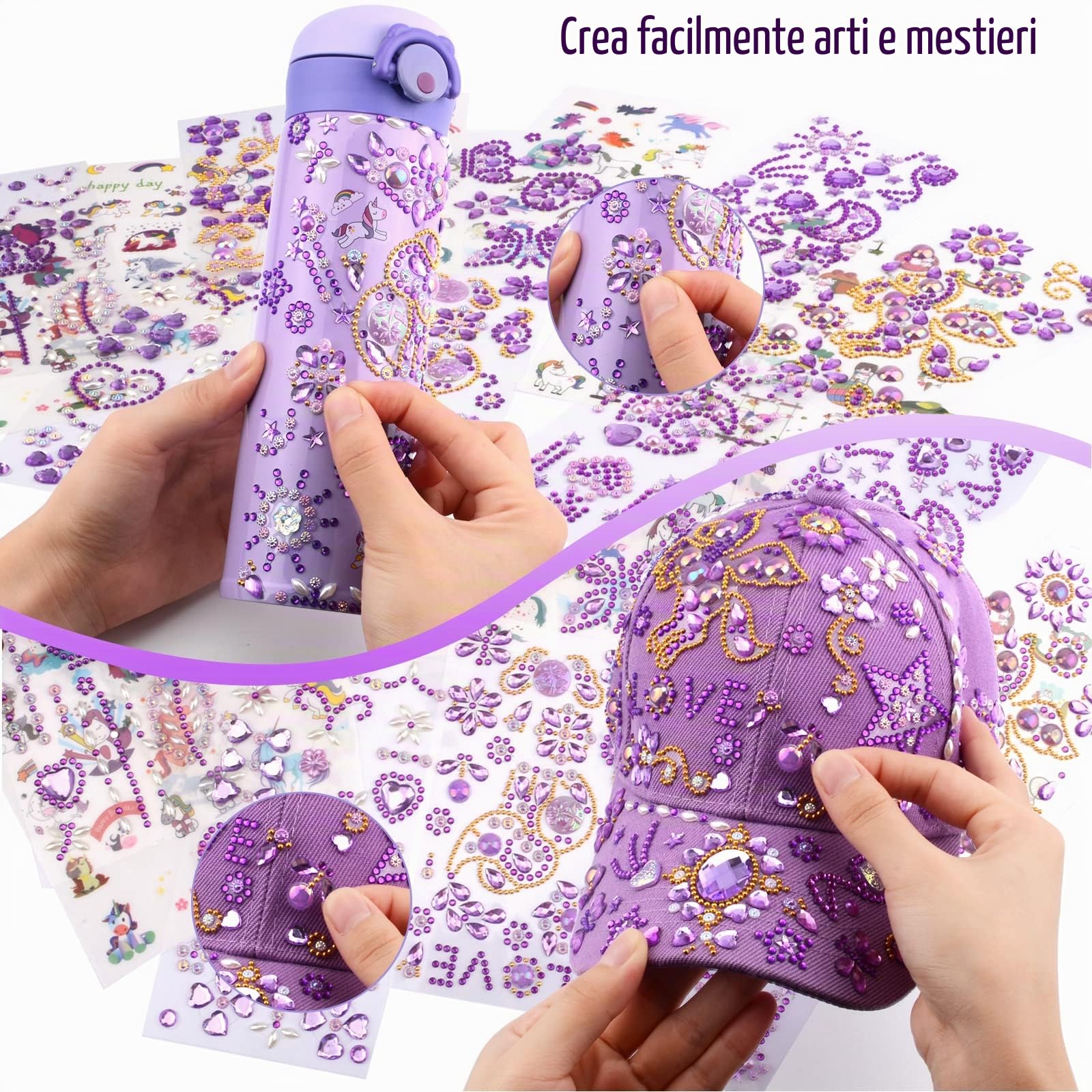 Regalo Bambina 4 5 6 7 8 9 10 11 Anni, Kit Borraccia e Berretto da Baseball Fai Da Te con Gemma e Unicorno Adesivi, Compleanno Regali per Ragazze DIY Bottiglia D'acqua e Cappellino da Baseball