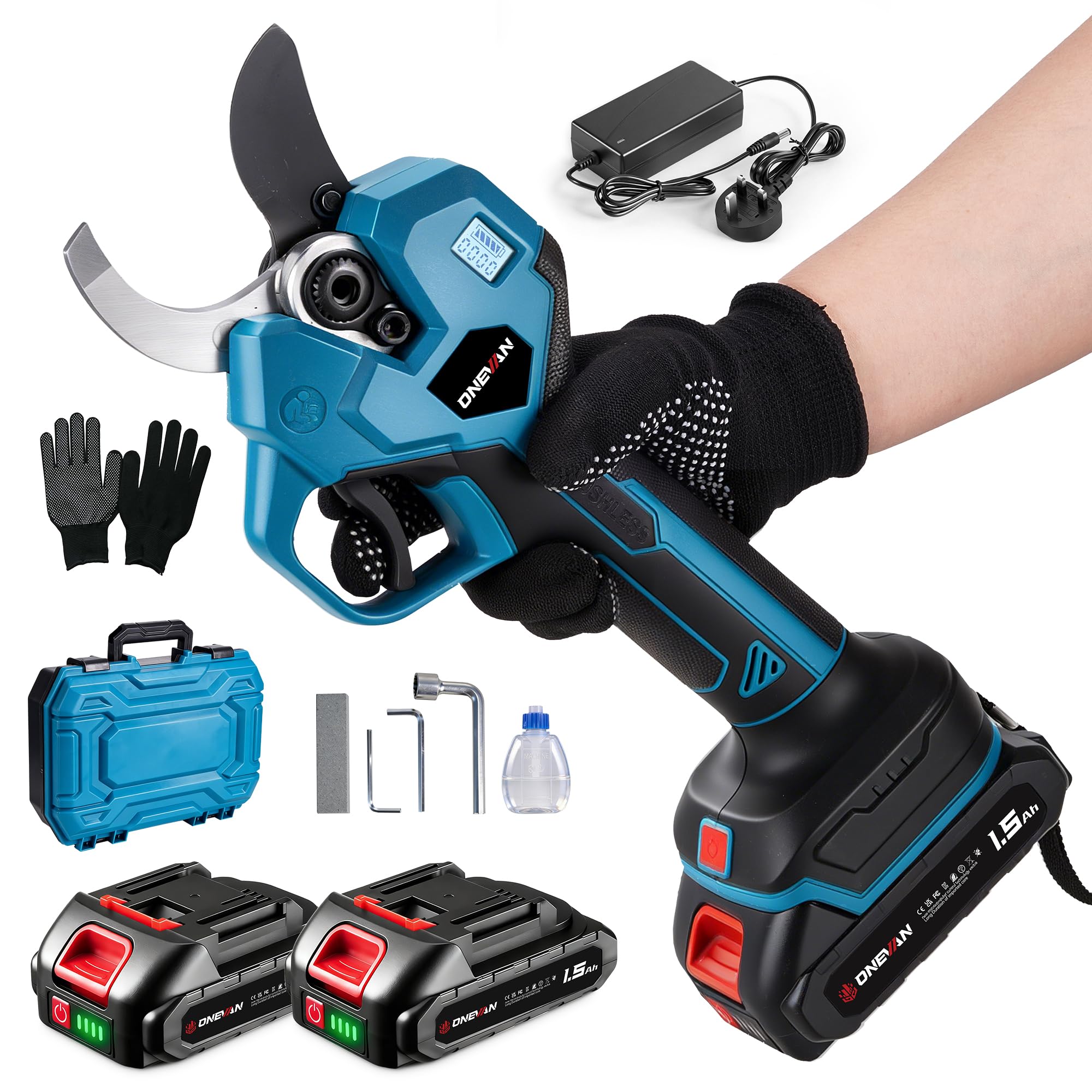 Battery Secateurs Pruning Shears - Max 50mm(1.9 inch) Cutting Diameter Brushless Electric Secateurs, 2-Cutting Opening, LCD Display, SK5 Blades,with 2 * 1.5Ah Battery, for Garden, Farm & Orchard