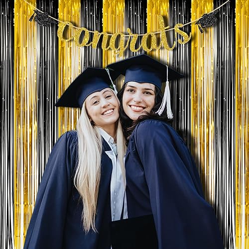 Miniatura 2 de BRAVESHINE Cortinas de flecos de papel de oropel de 3.2 x 8.2 pies, paquete de 2 cortinas de fondo metálico negro dorado para cabina de fotos para