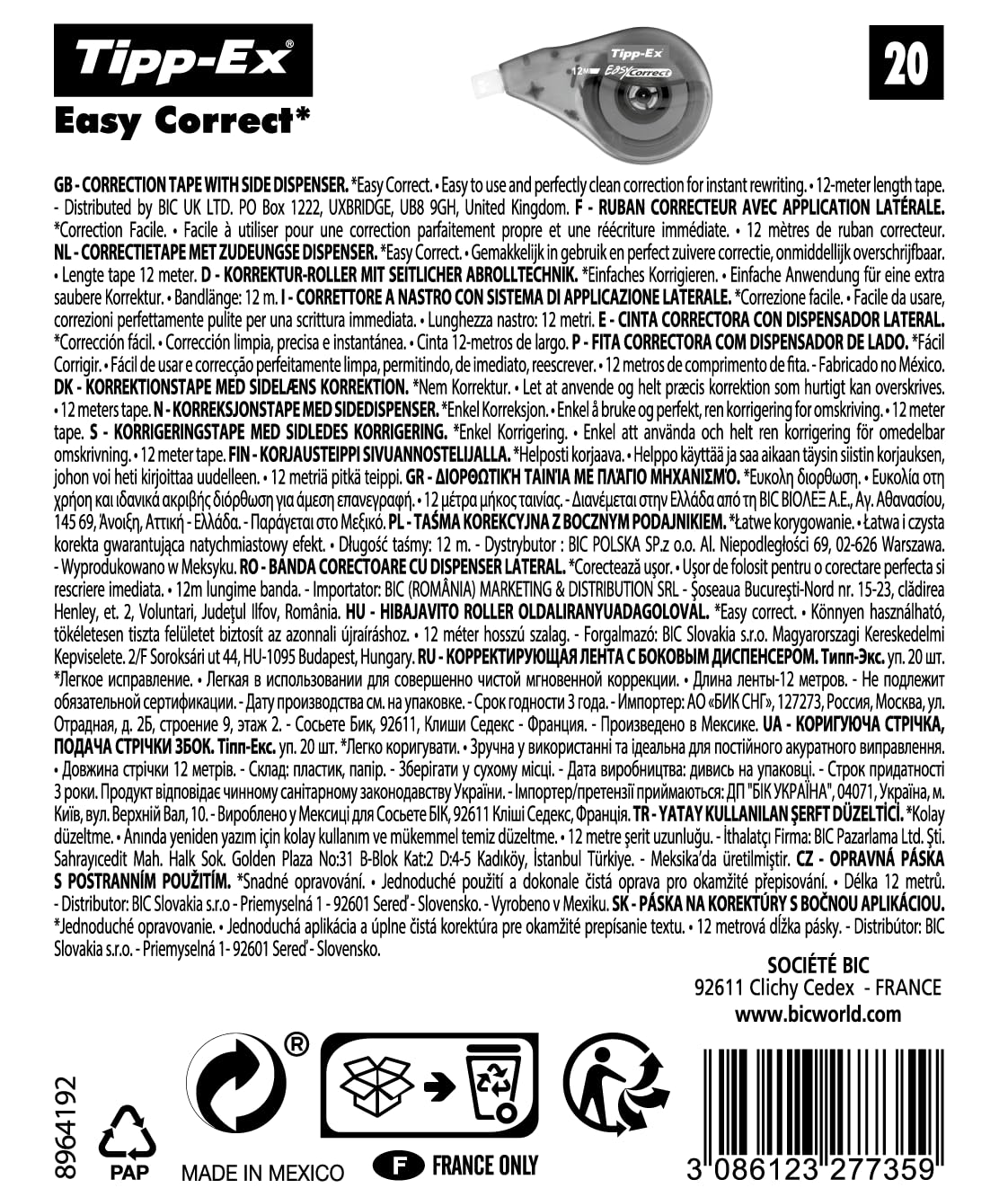 Tipp-Ex Easy Correct Rubans Correcteurs (Très Résistants), Parfait pour l'Ecole et au Bureau, 12 m x 4,2 mm, Boîte de 20