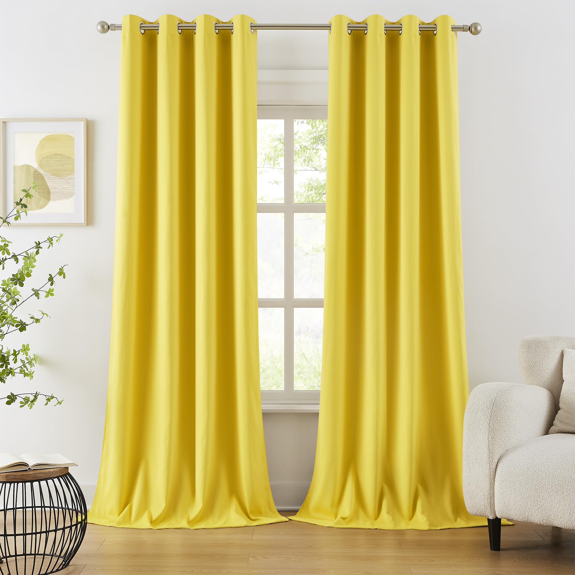 DUALIFE Yellow Blackout Curtains for Bedroom Grommet Thermal Insulated Room Darkening Curtains for Living Room (52 W x 96 L, Illuminating Yellow, 2