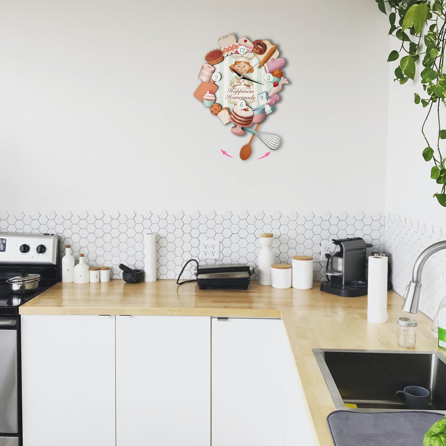 Kitchen Wall Clock, Baking Themed Swinging Wall Clock, Kitchen Décor with Spoon Whisk Pendulum, Gift for Bakers Decorative Cafe Decor