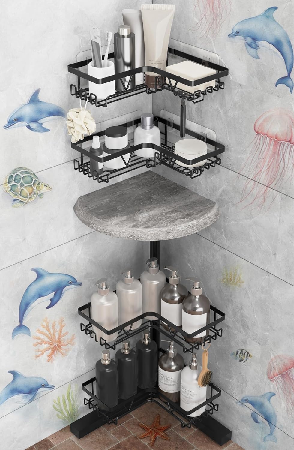 KEGII Floor and Wall Mount Corner Shower Caddy, 4-Tier Rustproof Shower Shelf Organizer with Hooks & Soap Holder, Standing or Self Adhesive Corner Shower Rack (4 Adhesive Stickers), Black Black – Floor Caddy with 4 Stickers