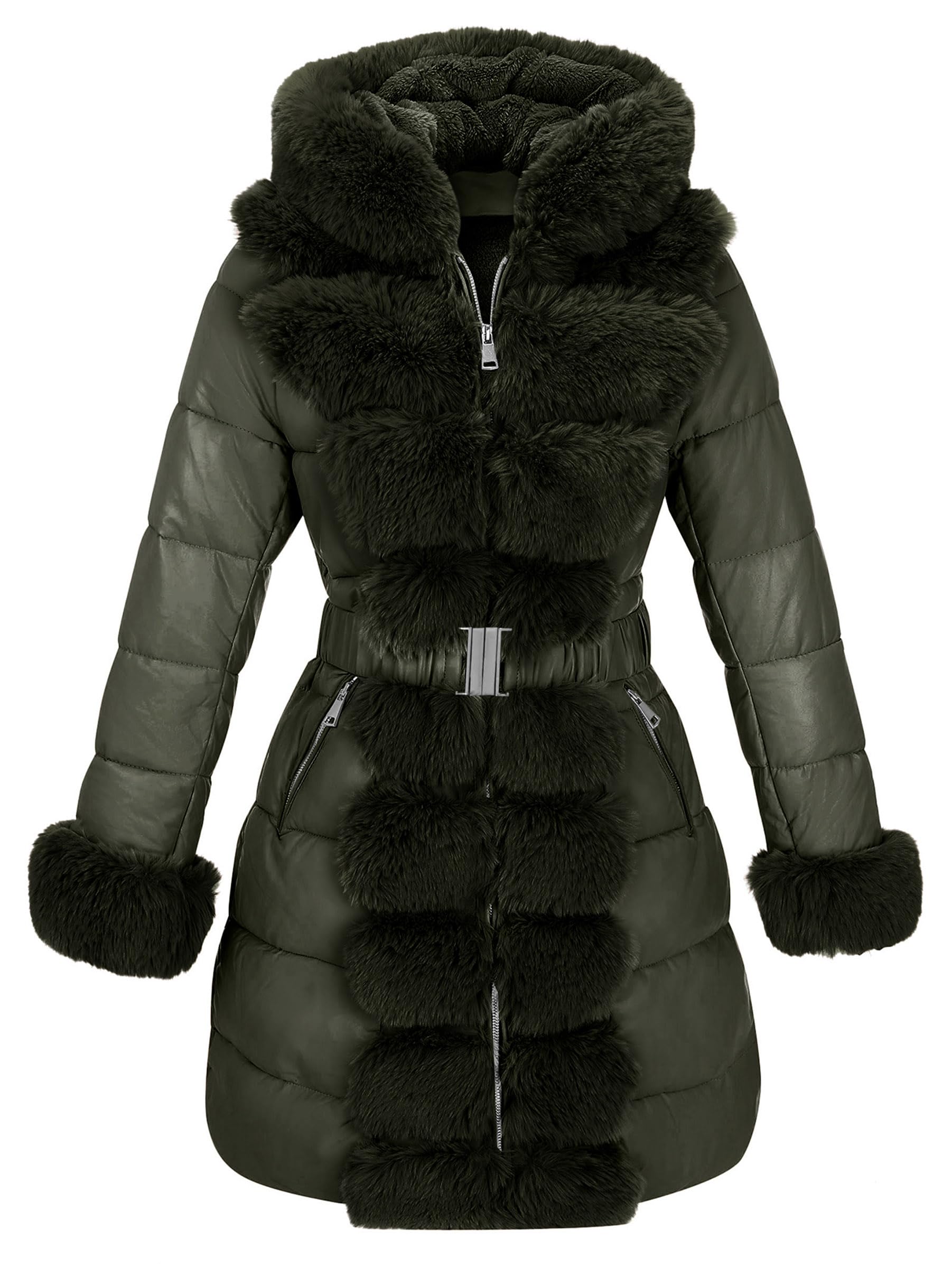 RISISSIDA Women Cold-resistant Winter Fur Lined Coat,Puffer Jacket with Long Fur Trim Hooded,Warm Leather Bubble Overcoat