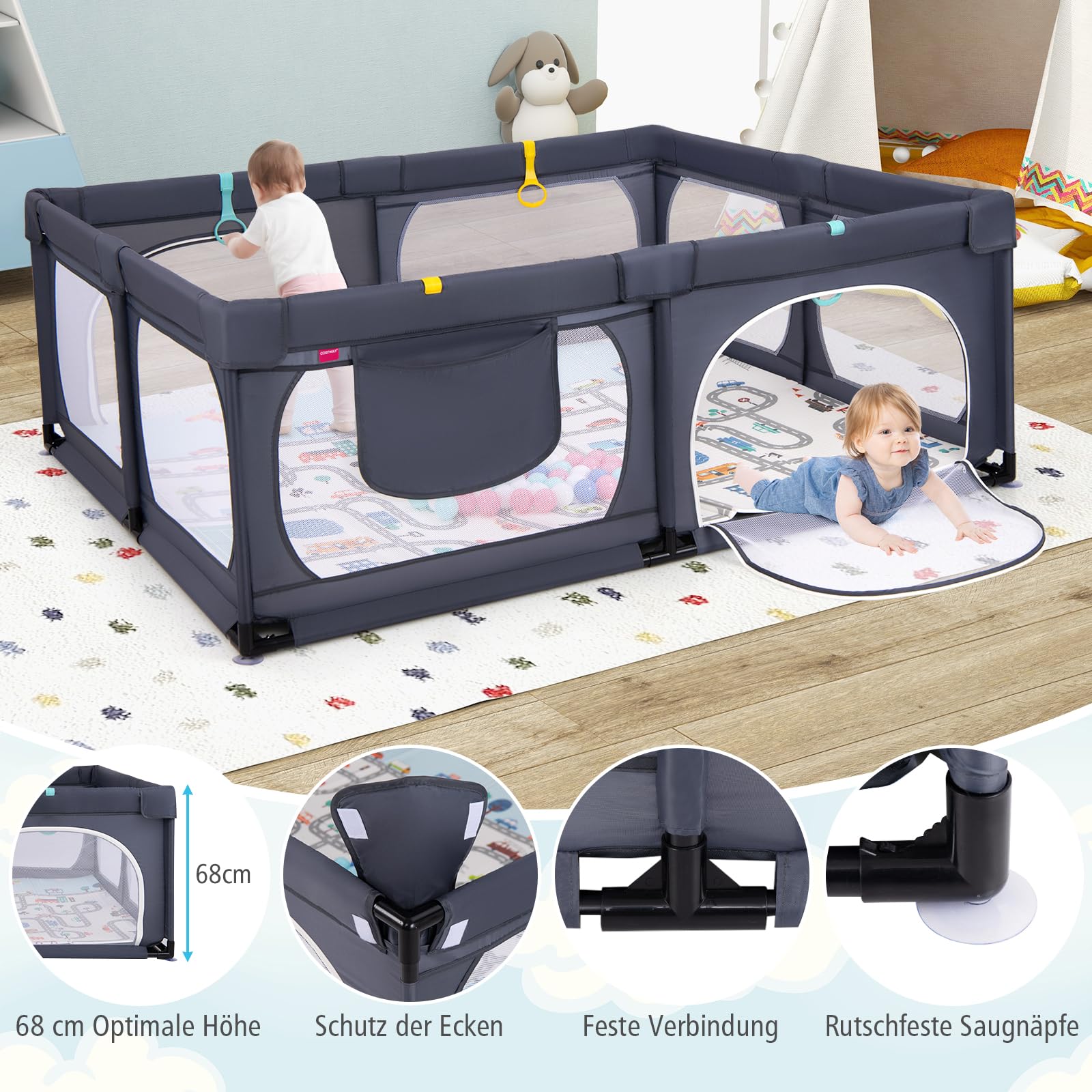 DREAMADE Laufstall Baby, 189 x 158 cm Laufgitter mit Matratze & 4 Zugringen & 50 Ocean Bällen & Tragetasche, Großes Schutzgitter für Baby & Kleinkinder 0-3 Jahren (mit Matratze,Dunkelgrau)