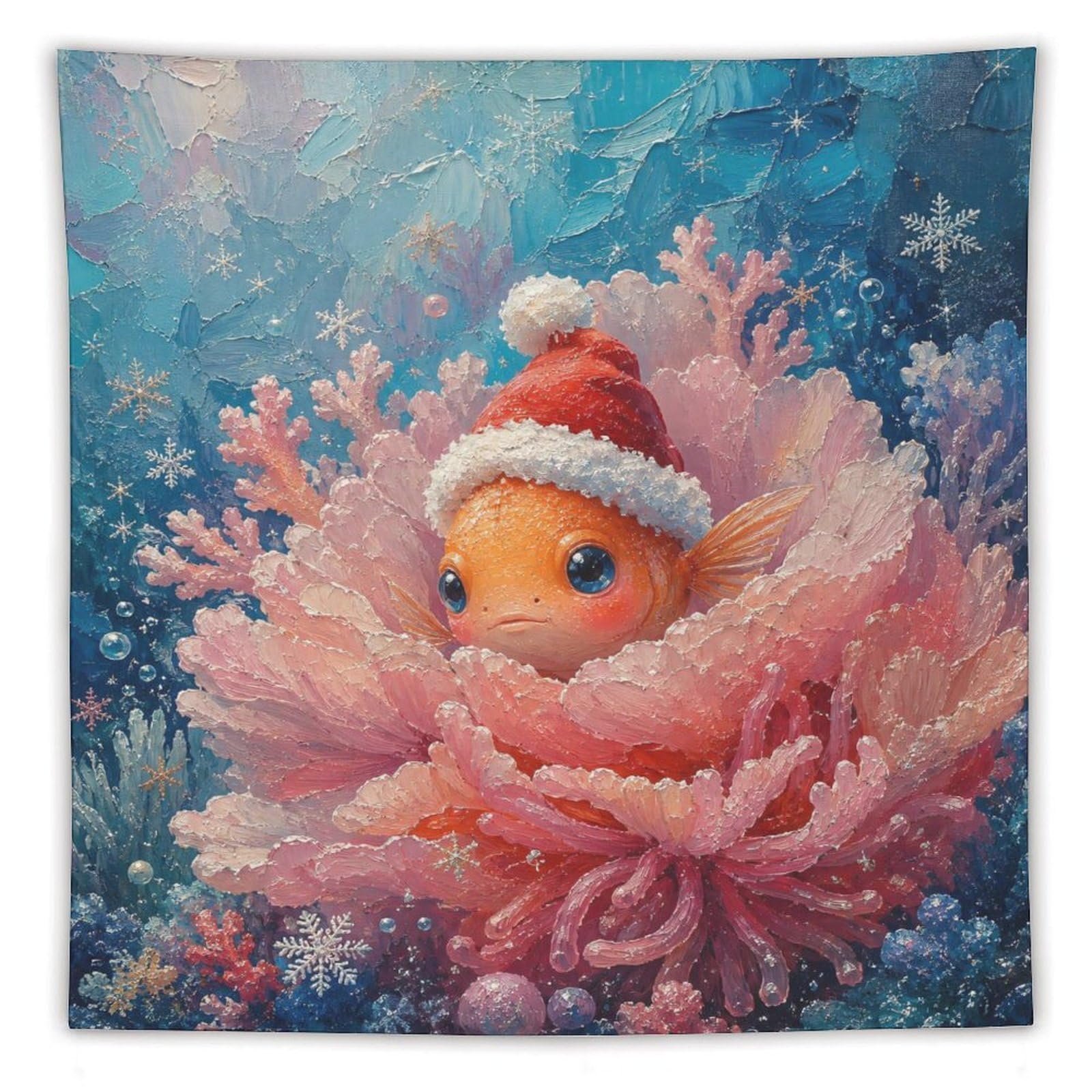 W7C8U2X3 Clownfish Santa Hat Anemone Wall Tapestry, Cute Ocean Life
