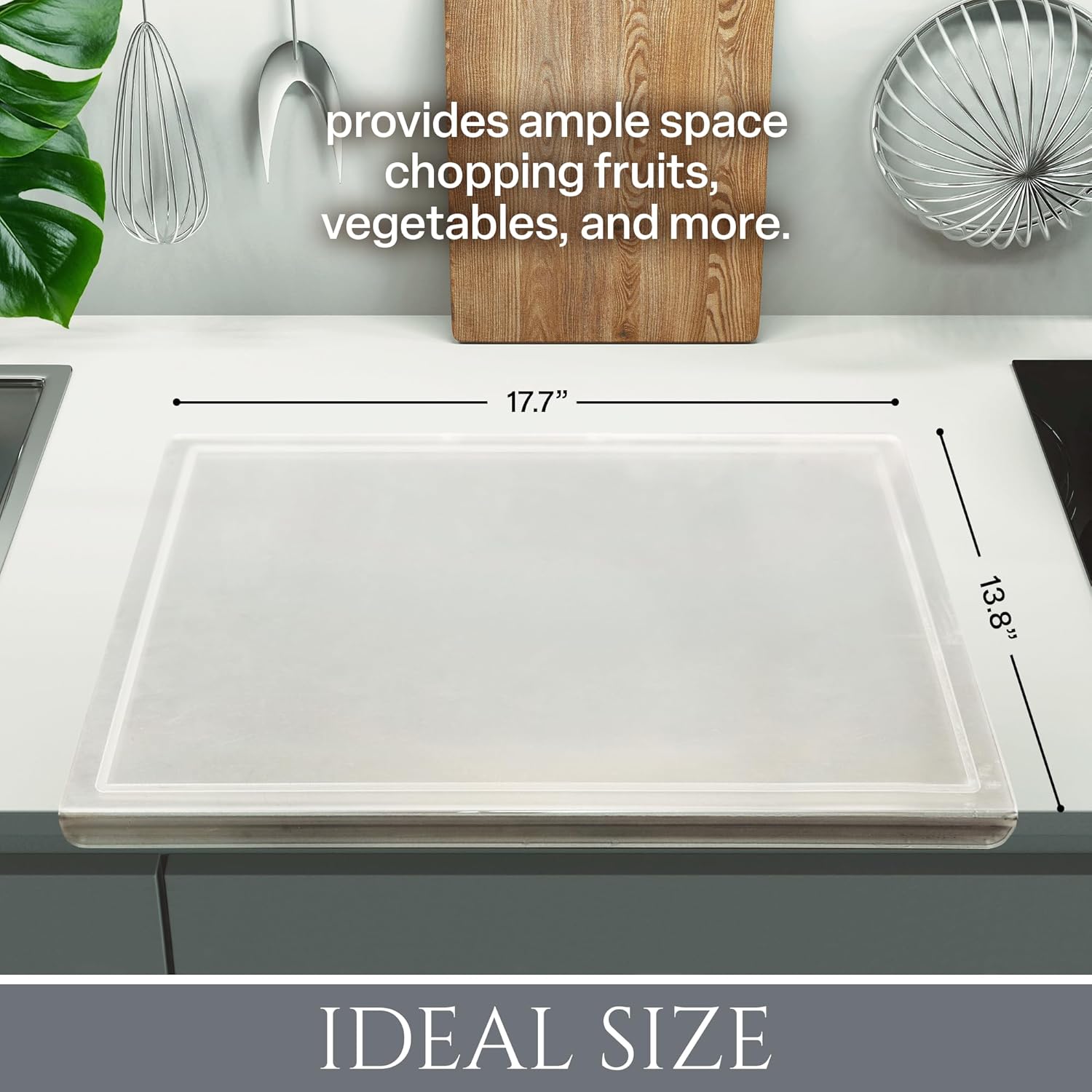 Acrylic cutting board and Silicone colander for kitchen 2 pcs kit 17.8" x 13.8", Cutting board with lip, Clear cutting board for countertop, Acrylic material, Transparent,