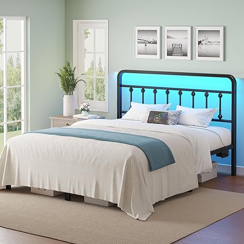 Miniatura 8 de Rolanstar Base de cama Queen con plataforma de metal de 14 pulgadas con cabecero, estación de carga y luces LED, almacenamiento debajo de la cama,