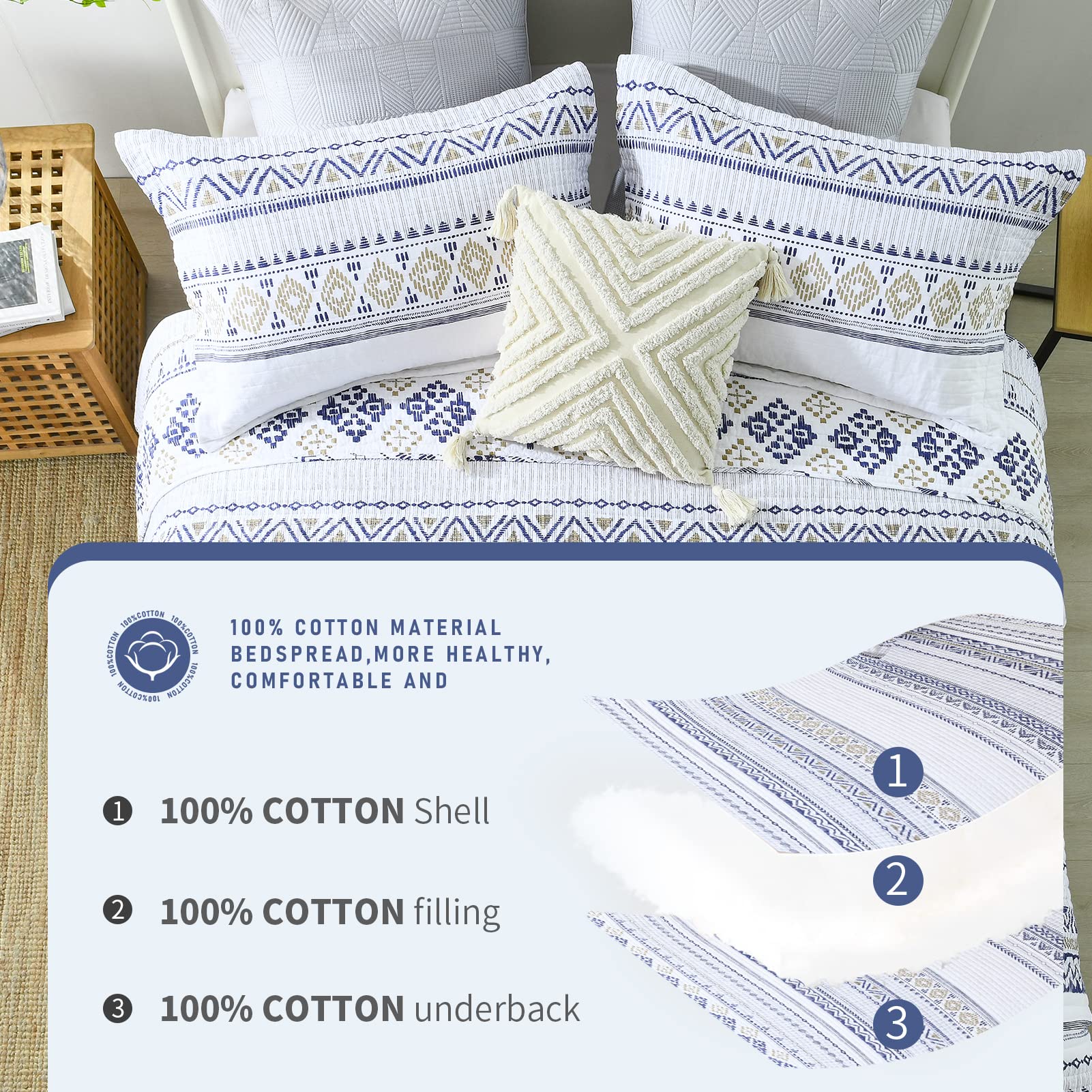 Finlonte Quilt Boho Quilt Set Boho Bedding Bedspreads King Size, 3 PCS