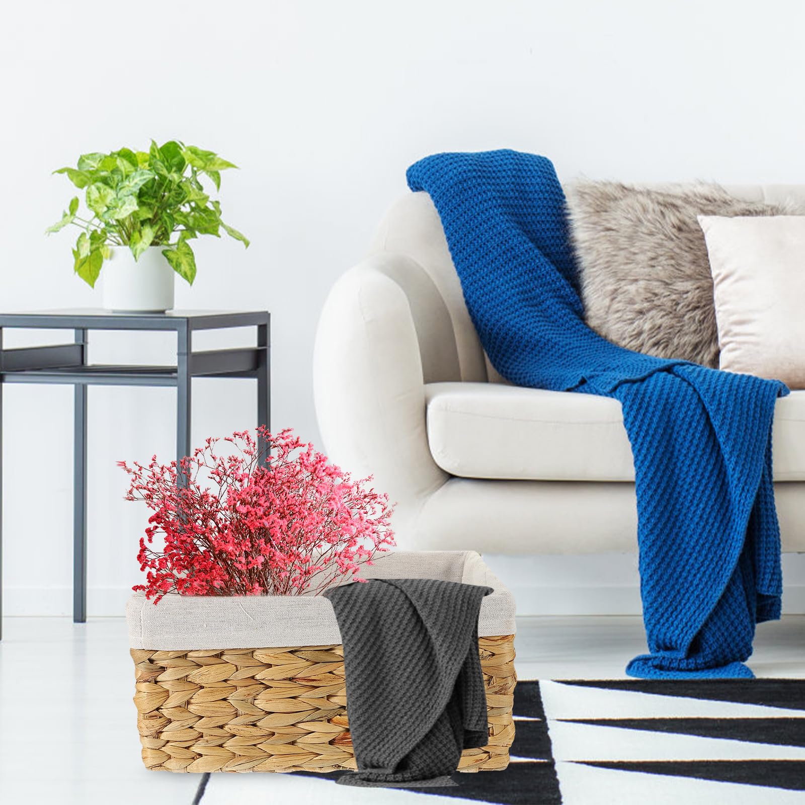 Cesta Organizador Rectangular Tejida a Mano de Hyacinth de Almacenamiento con Forro de Lino de Gran Capacidad para Juguetes y Libros en Sala o Escritorio